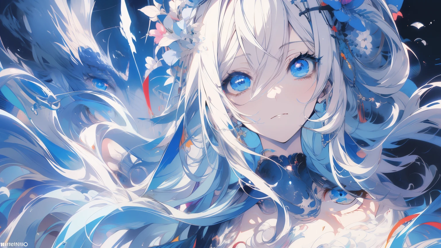 Chica anime con cabello blanco y ojos azules con un vestido azul., detailed arte animado digital, arte de anime detallado, arte de anime detalladowork, estilo anime 4k, retrato, caballeros del zodiaco, , deidad de pelo blanco, arte detallado del personaje de anime, Fondo de pantalla de arte anime 4K, Fondo de pantalla de arte anime 4k, retrato detallado de chica anime, arte animado digital, arte de anime clave detallado