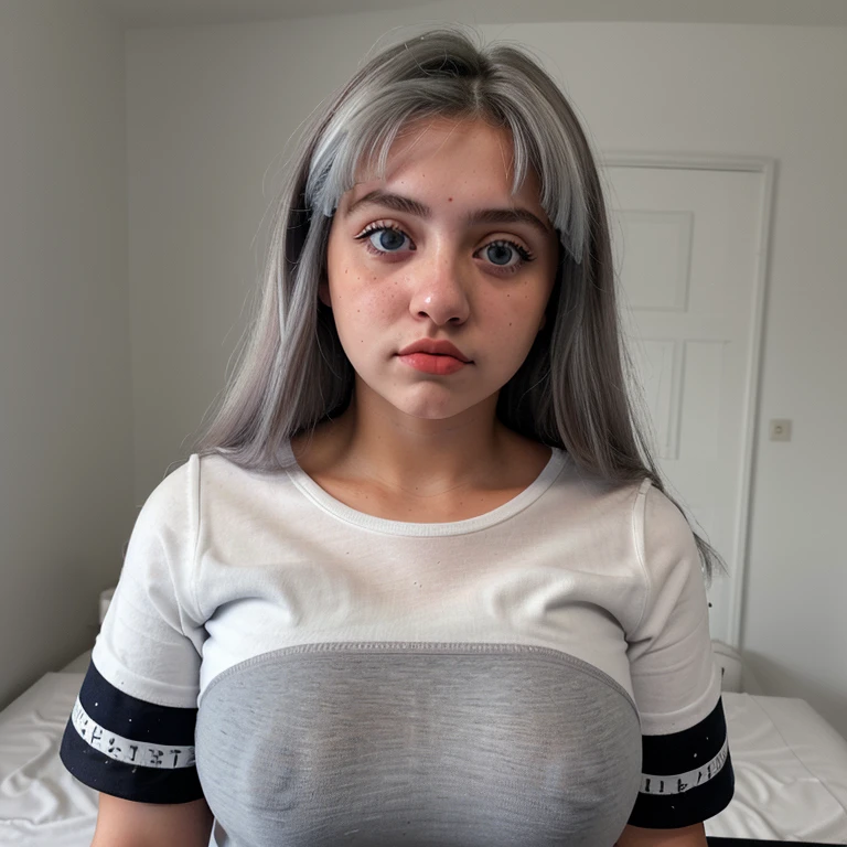 Mujer, 18 years, viste como colegiala, falda gris corta, blusa escolar y medias hasta las rodillas. Tes blanca, cabello color negro ojos azules, grandes muslos y trasero grande, 