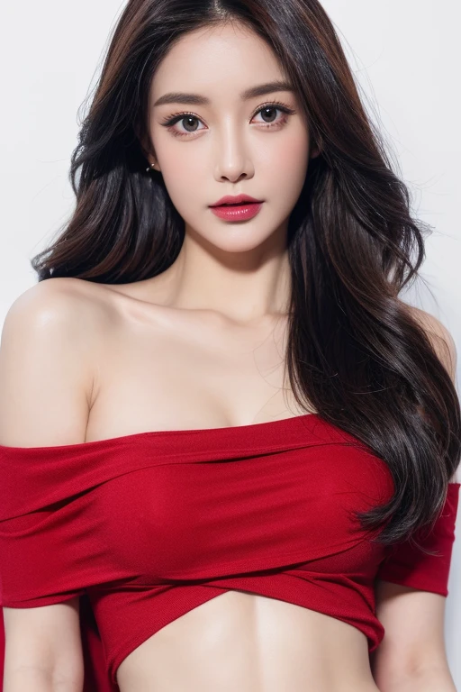 woman, beautiful, Amazing face and eyes, cosmetics, red glossy lips, (Extremely detailed beautiful face), (The sexiest look), (best quality), (Extremely detailed), (A collection of 8k CG wallpapers that are very detailed.),original photo, professional photography, (stand), (pure white background),(black hair),(Big eyes),(soft light source),(There is a slight rift.),(Off shoulder shirt),(shorts)
