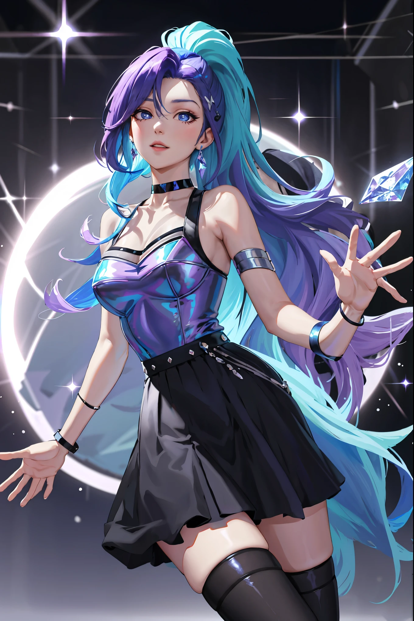 masterpiece, best quality, highres, seraphine1, 1girl, solo, blue hair, k/da \(league of legends\), very long hair, multicolored hair, jewelry, ponytail, blue eyes, earrings, dress, black choker, two-tone hair, purple hair, black thighhighs, bracelet, black skirt, crystal, large breasts, on the stage, waving