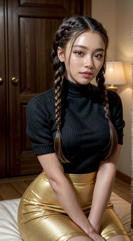 A refined description of the scene you described:
A woman in a tight skirt and hair braided in a complex, elegant style is depicted in a stunning scene. Your braided hair displays a variety of patterns and textures, demonstrating skill and art in creating the hairstyle.
The woman is portrayed with a confident posture smiling and proud, destacando sua beleza e autenticidade. Your facial features are distinct and expressive, reflecting your individuality and inner strength.
The scene is softly lit, highlighting the details of the braided hair and the beauty of the woman. Your presence is captivating, conveying a sense of grace and determination.
This depiction of a black woman with braided hair is a celebration of black culture and beauty., capturing the elegance and pride of a traditionally significant hairstyle. na rua na praca