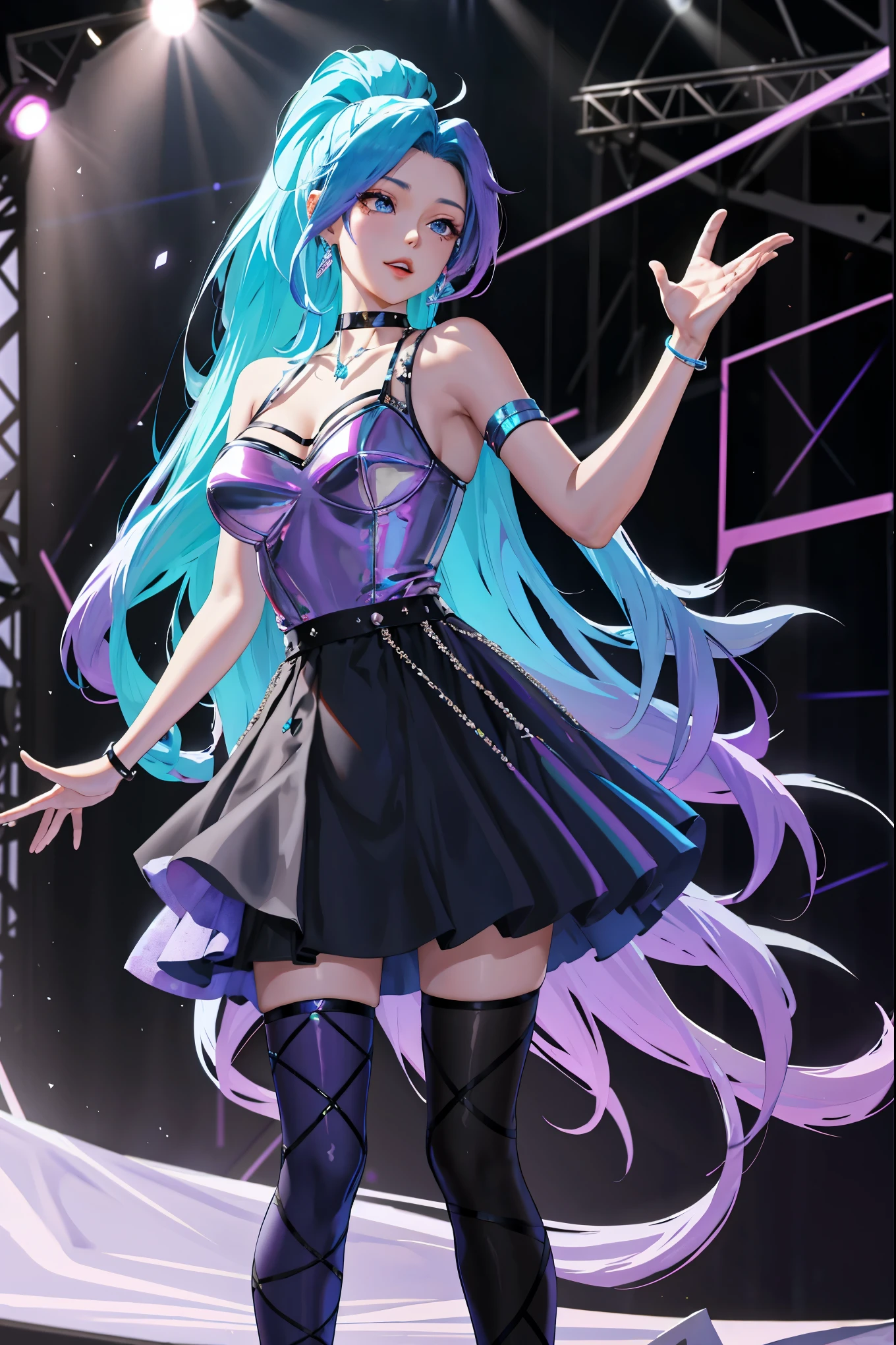 masterpiece, best quality, highres, seraphine1, 1girl, solo, blue hair, k/da \(league of legends\), very long hair, multicolored hair, jewelry, ponytail, blue eyes, earrings, dress, black choker, two-tone hair, purple hair, black thighhighs, bracelet, black skirt, crystal, large breasts, on the stage, waving