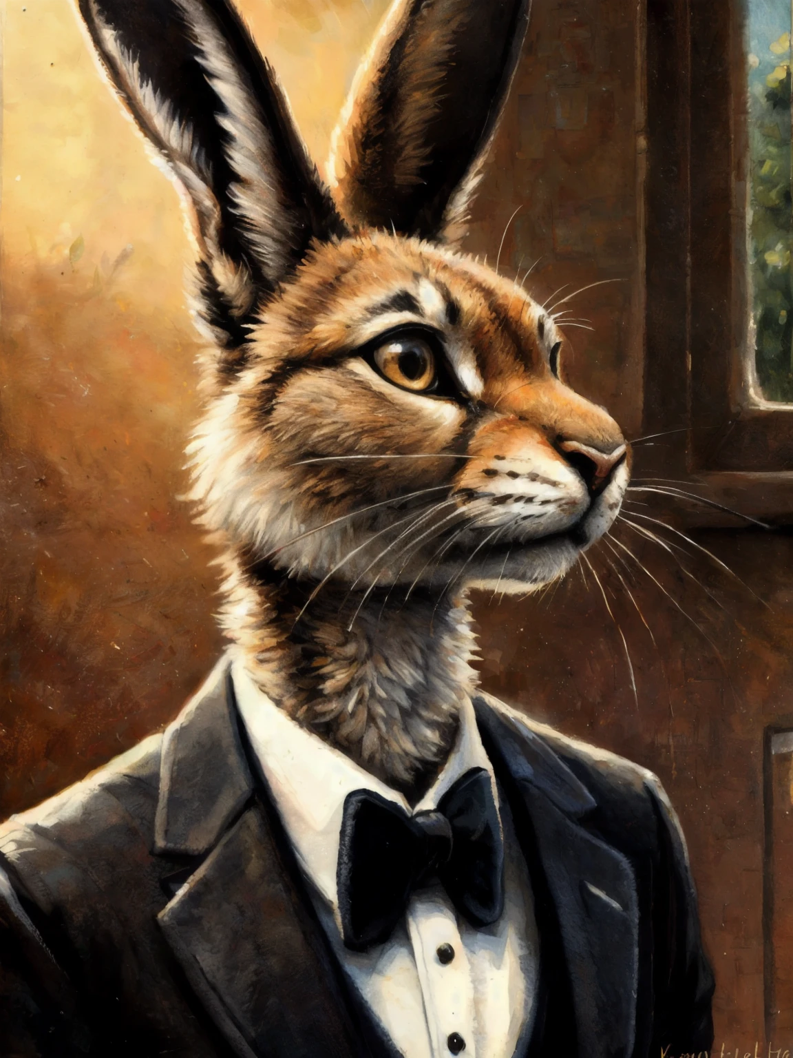 Hare, anthro, in tuxedo, by Kenket, (Sharp focus, masterpiece, 8k, intricate artwork, hyper detailed, high detail)