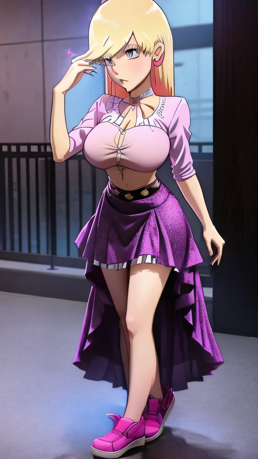 A tall girl with big breasts, huge long yellow hair, her brown eye, dresses in a pink blouse with a button showing her navel and a long purple skirt wearing black glitter shoes.