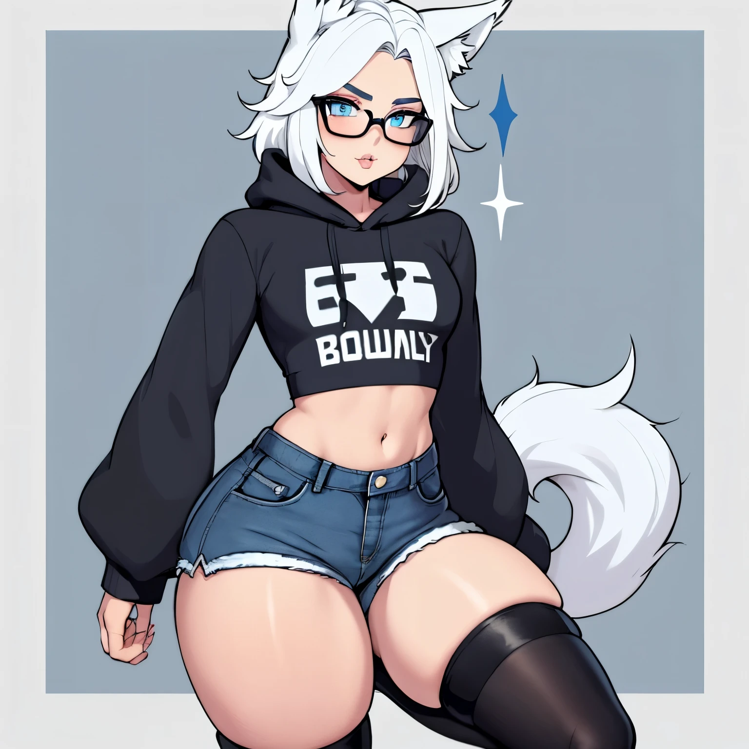 Single boy, Anime boy, Short, Long white hair, wolf ears, wolf tail, blue eyes, wearing short denim shorts, thigh high fishnets, black combat boots, oversized cropped hoodie, flat chest, super flat chest, solo femboy, only one femboy ((FLAT CHEST)) solo, alone, (SOLO)(ALONE) thicc thighs, wide hips, blue eyes, perfect eyes, perfect face, pouty lips, happy, curvy, sparkly blue eyes, wearing large round glasses