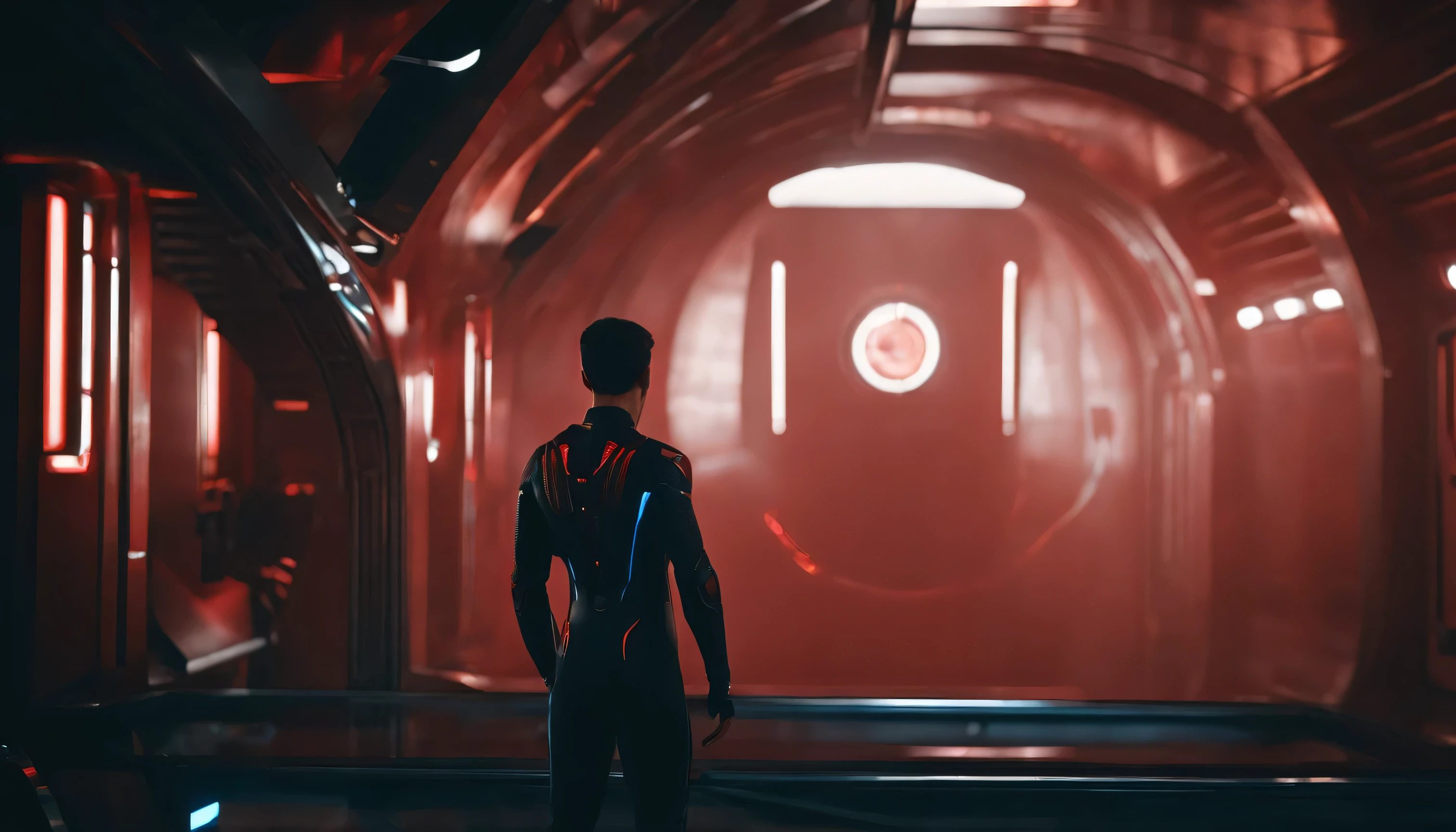 (papel de parede extremamente detalhado da unidade CG 8k,obra de arte),(Better lighting, melhor sombra, extremamente delicado e lindo),(1 ),olhos azuis, cabelo escuro,red and black sci-fi bodysuit,neck seal,high tech sci-fi runner, dynamic pose, maquinaria detalhada, design atraente.