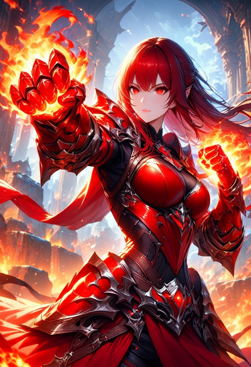 an detailed and realistic image of a female fantasy game character wielding glowing fire fist gauntles, wearing red armor, amazing quality, fire allay in background, HD, masterpiece, best quality, hyper detailed, ultra detailed,