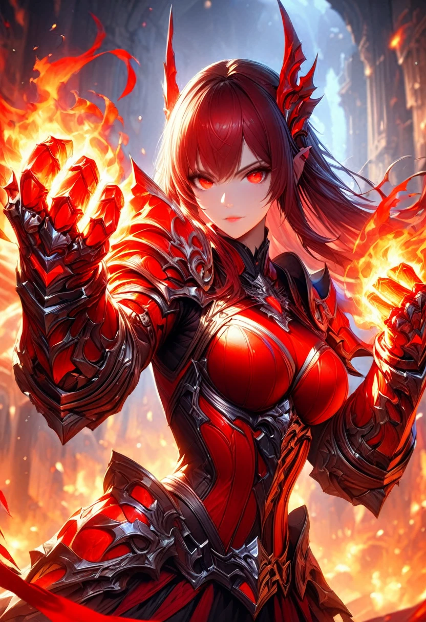 an detailed and realistic image of a female fantasy game character wielding glowing fire fist gauntles, wearing red armor, amazing quality, fire allay in background, HD, masterpiece, best quality, hyper detailed, ultra detailed,