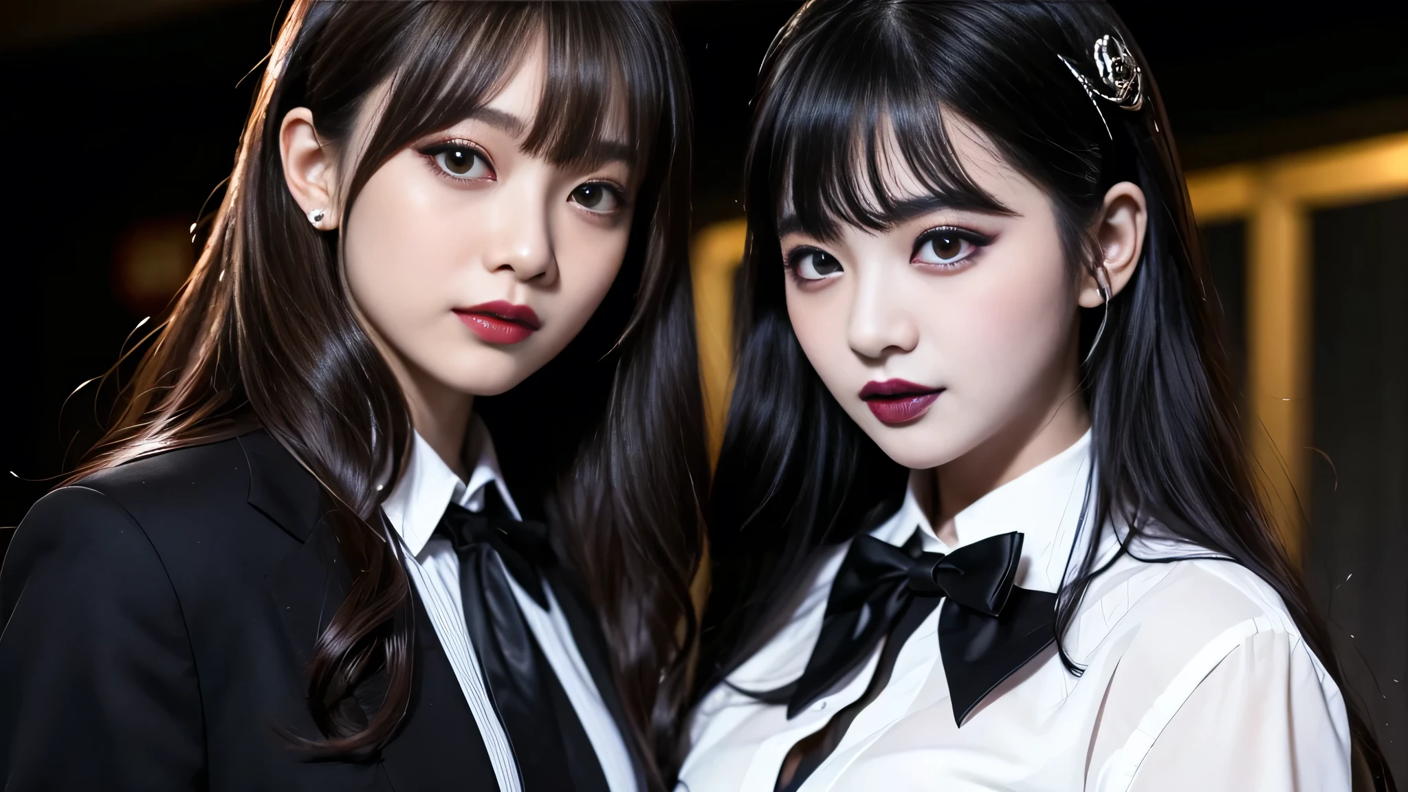best quality、ultra-detailed、4k、Japanese、Seductive beauty、seductive adult woman、Pretty Woman、cool girl、Villainess、Brainwashed、brainwash、Fallen into evil、smirk、Evil look、Wicked Smile、evil、Brown hair、wavy hair、swept bangs、dark makeup、dark makeup、piercing eyes、hollow eyes,half-closed eyes、Hollow Eyes、purple Eyeshadow、black lipstick、black lipglos、student、blazer、White Shirt、Black Ribbon、flare skirt、night、inside school、Have lipstick、Emblem of Evil、Crest of Darkness、Swear allegiance、I have pledged my allegiance、Dye black、Blackening、Stained with evil、Dyed in darkness、Seduce