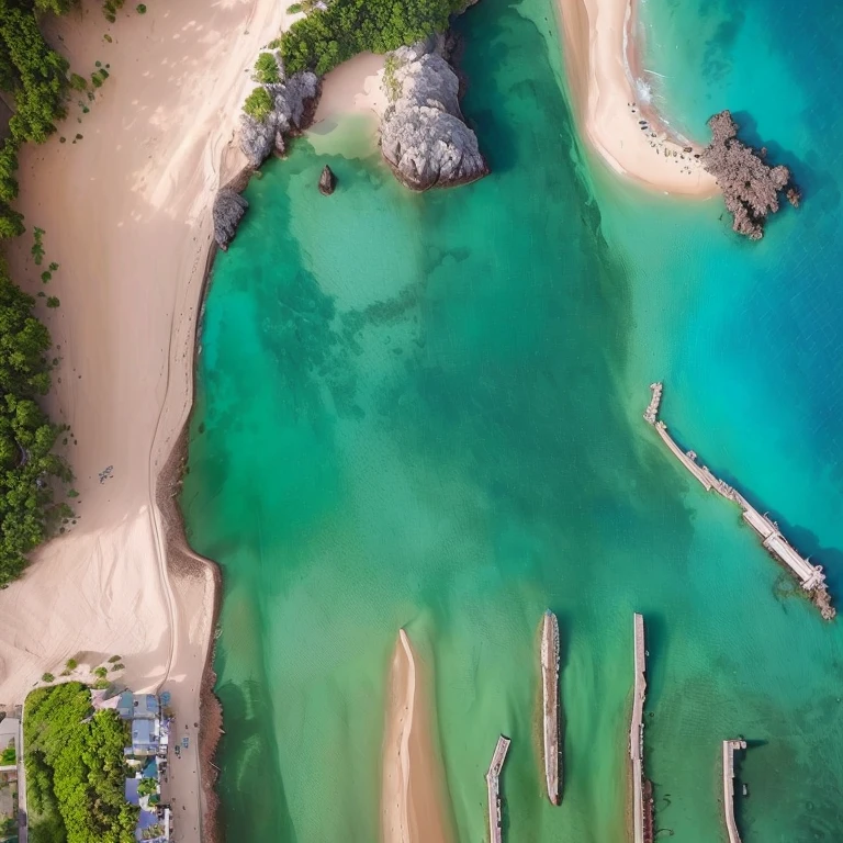 aerial view of a beach with a pier and a body of water, 4k Drone Photographyes, agua turquesa, muy hermoso!! aerial shot, tiro cenital, mirada impresionante, disparo desde arriba, punto de vista del dron, metraje aereo, profundidad asombrosa, entorno vibrante, carribean agua turquesa, Drone Photographyes, Vista desde arriba en Seascape, Top-down aerial view, Drone Photography