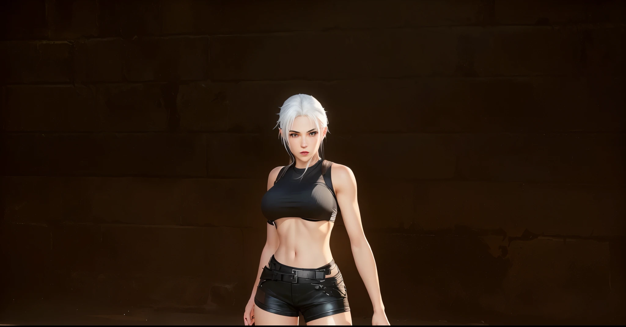 masterpiece, best quality,quanxi (chainsaw man),1girl, solo, black tank top, eyepatch, belt, tank top,breasts, pants, white hair, black pants, long hair, ponytail