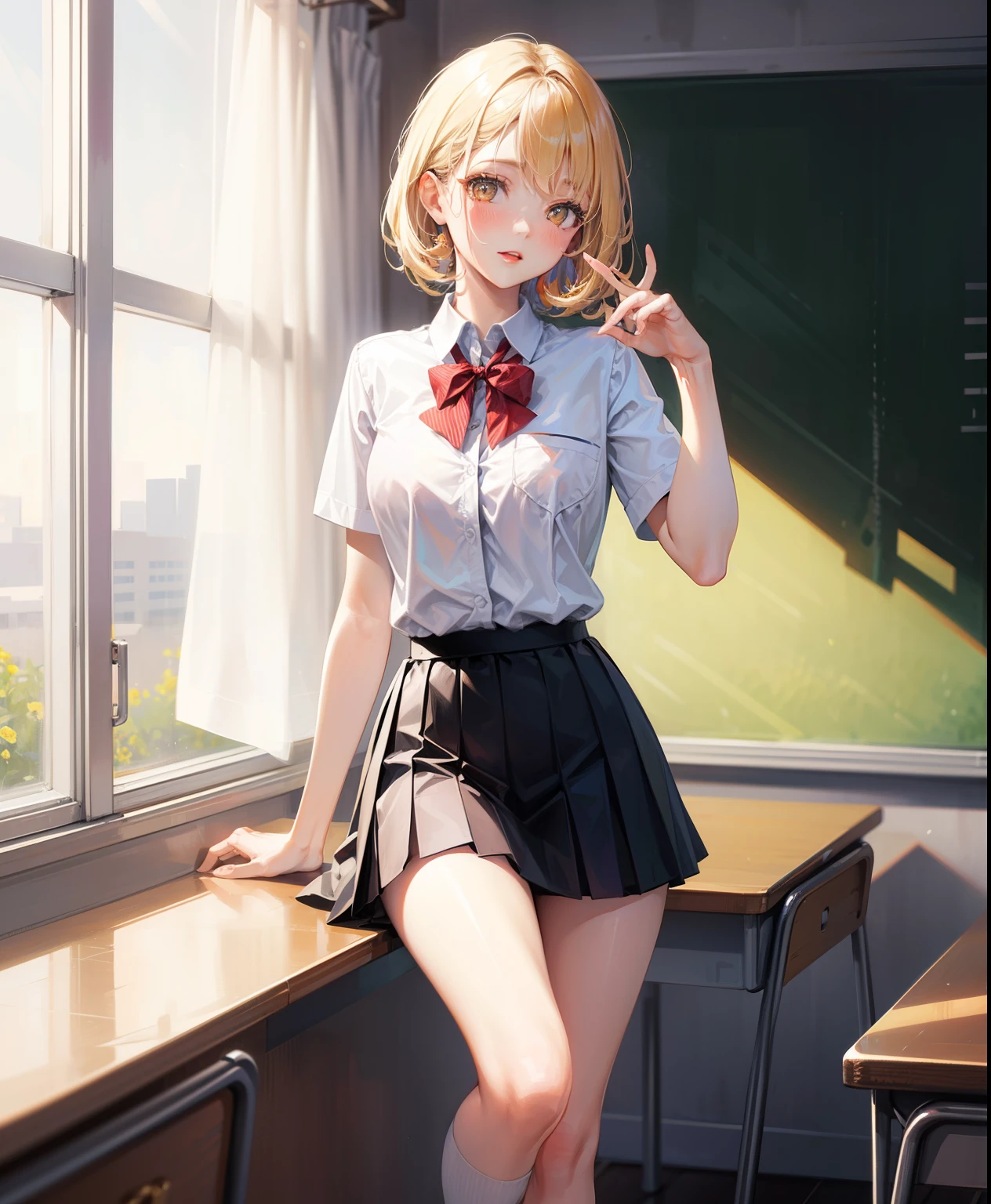 Dynamic posing, dynamic angle, Arrange pose,Top quality work,Show Legs,(short golden hair),(golden eyes), lovely red lips, Rose cheeks, Pretty Face, A perfectly proportioned face, school shirt with red bow and black skirt, (school uniform), white stockings,in classroom,full-body view, amazing, Large round chest、Beautiful eye details、Beautiful eyelashes、beautiful double eyelid, with blush cheeks, talking to viewer
