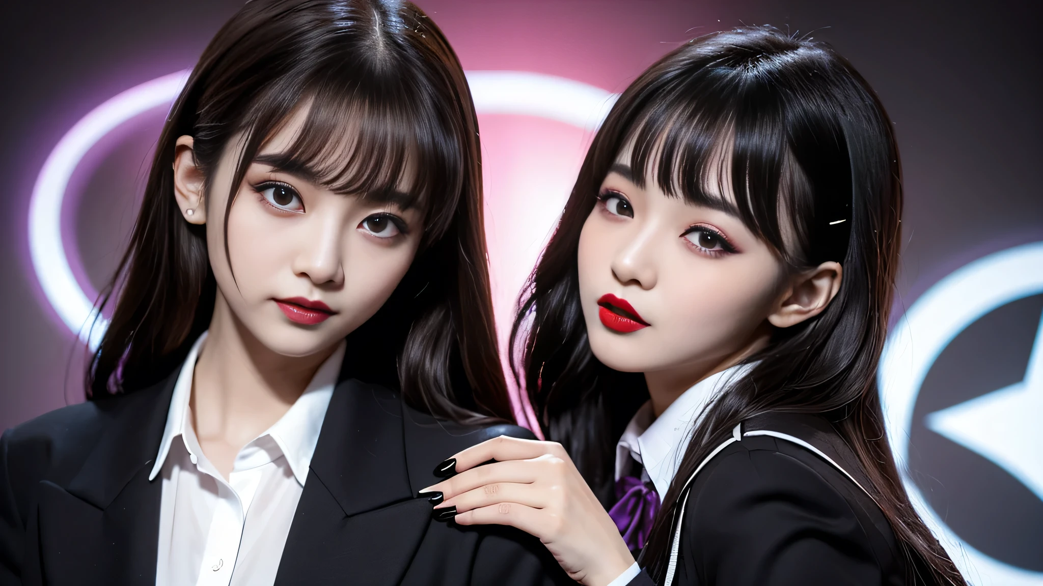best quality、ultra-detailed、4k、Japanese、Seductive beauty、seductive adult woman、Pretty Woman、cool girl、Villainess、Brainwashed、brainwash、Fallen into evil、smirk、Evil look、Wicked Smile、evil、Brown hair、wavy hair、swept bangs、dark makeup、dark makeup、piercing eyes、hollow eyes,half-closed eyes、Hollow Eyes、purple Eyeshadow、black lipstick、black lipglos、student、blazer、White Shirt、Black Ribbon、flare skirt、night、inside school、Have lipstick、Emblem of Evil、Crest of Darkness、Swear allegiance、I have pledged my allegiance、Dye black、Blackening、Stained with evil、Dyed in darkness、Seduce