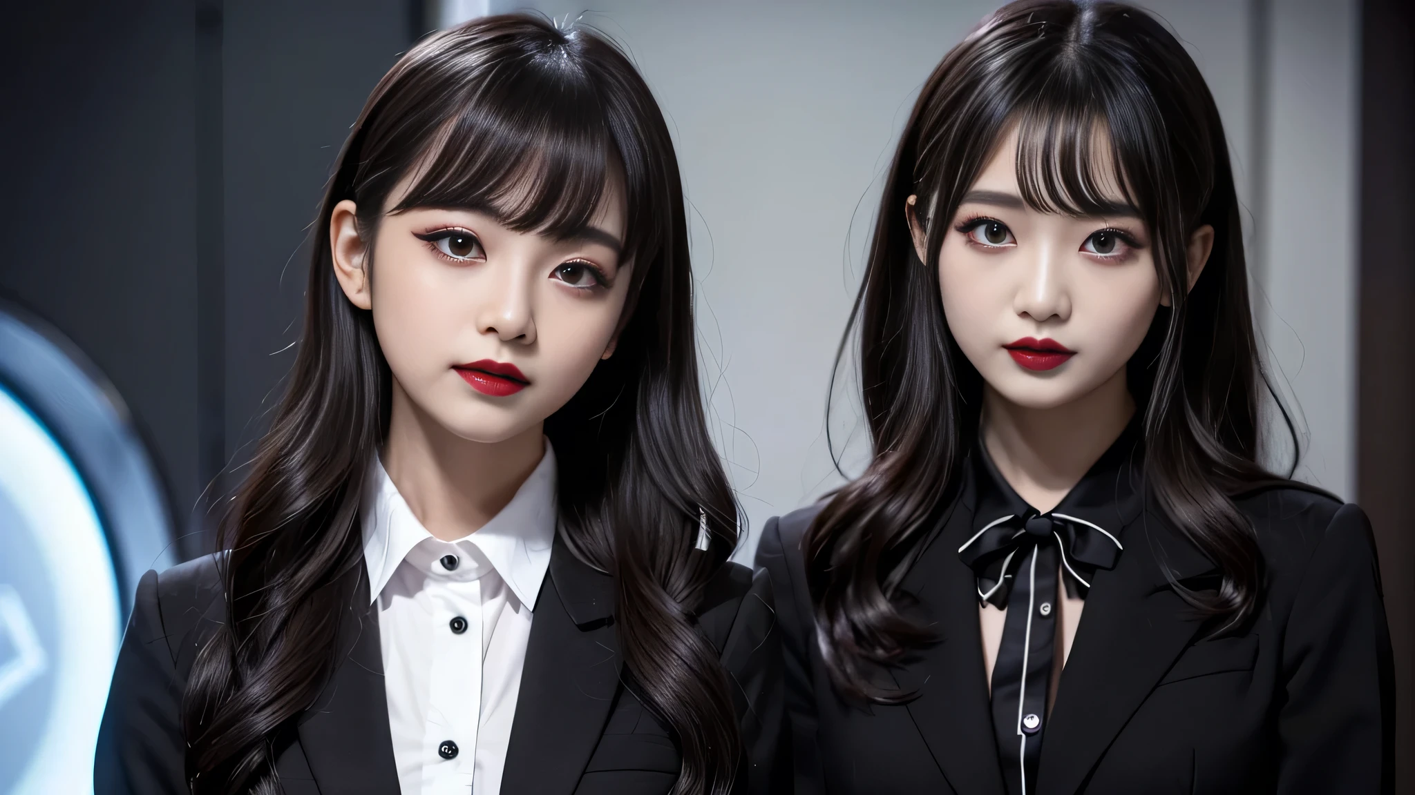 best quality、ultra-detailed、4k、Japanese、Seductive beauty、seductive adult woman、Pretty Woman、cool girl、Villainess、Brainwashed、brainwash、Fallen into evil、smirk、Evil look、Wicked Smile、evil、Brown hair、wavy hair、swept bangs、dark makeup、dark makeup、piercing eyes、hollow eyes,half-closed eyes、Hollow Eyes、purple Eyeshadow、black lipstick、black lipglos、student、blazer、White Shirt、Black Ribbon、flare skirt、night、inside school、Have lipstick、Emblem of Evil、Crest of Darkness、Swear allegiance、I have pledged my allegiance、Dye black、Blackening、Stained with evil、Dyed in darkness、Seduce