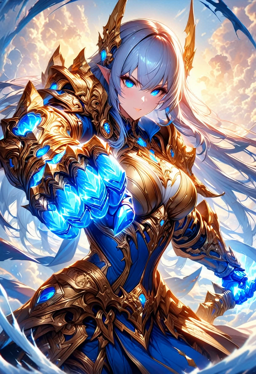 an action shot of a female fantasy game character wielding glowing blue and gold fist gauntles, wearing blue and gold armor, amazing quality, heaven in background, digital art, HD, masterpiece, best quality, hyper detailed, ultra detailed,
