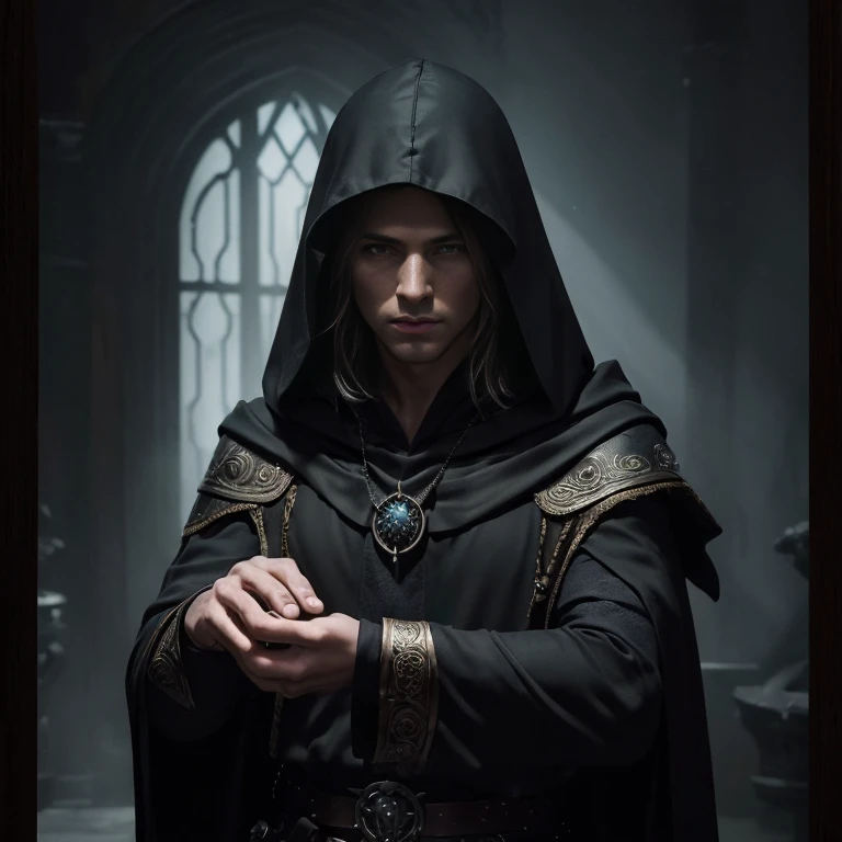 (master piece:1.5), (best quality:1.5), (exquisite lighting and shadow, highly dramatic picture, cinematic lens effect) (Photorealistic picture) (Card game image) 8k, wallpaper, dynamic pose, an elf wizard wearing a black hooded tunic, dark magic, wooden castle background, highly detailed, realistic, cinematic lighting, studio quality
