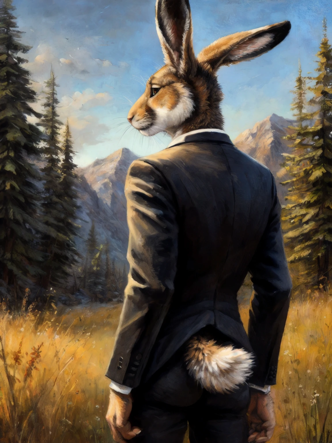 Hare, anthro, in tuxedo, black pants, back, from back, posing, tail, short tail, hare tail, bunny tail, by Kenket, (Sharp focus, masterpiece, 8k, intricate artwork, hyper detailed, high detail)