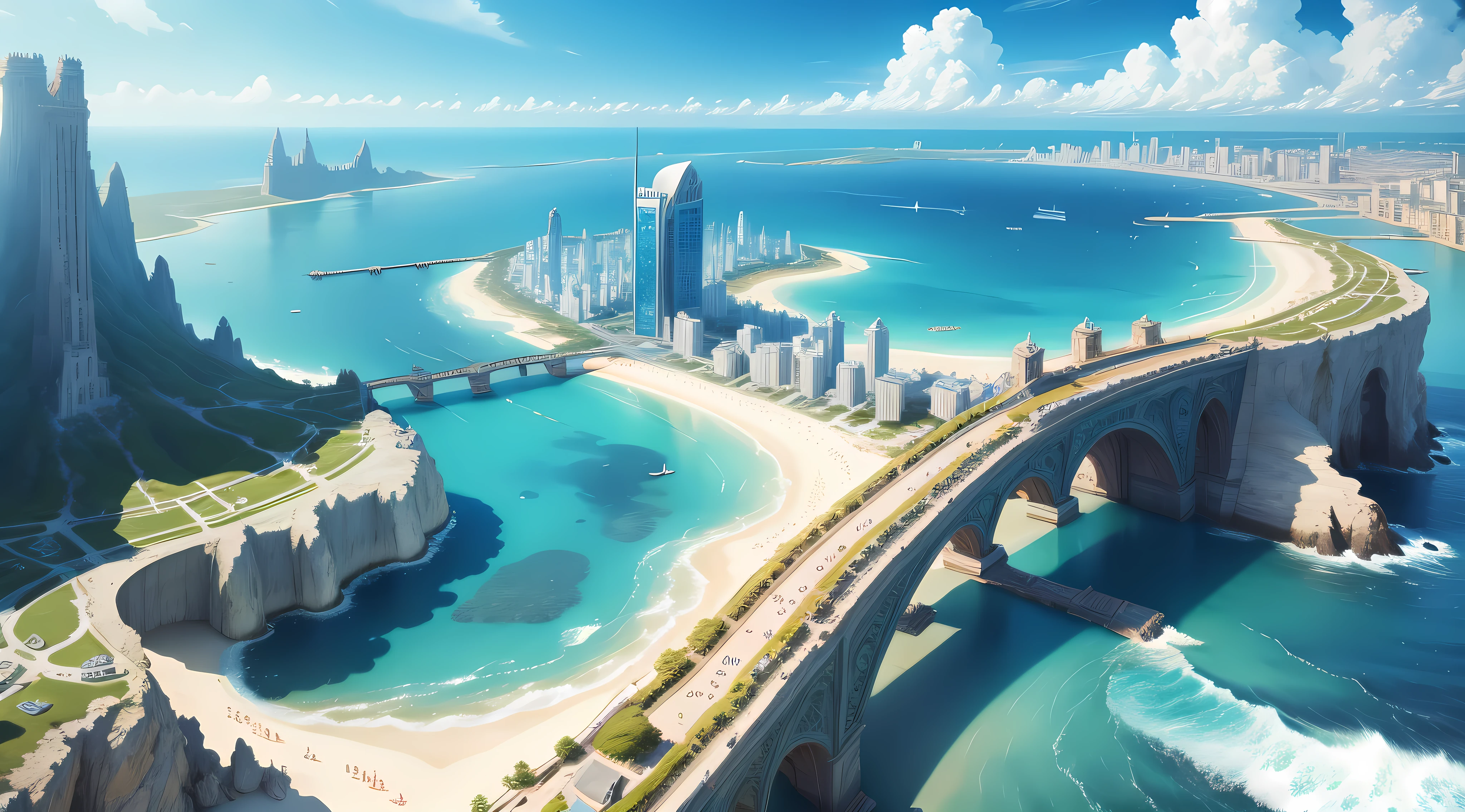 The city of Atlantis,The city of the heart of the ocean【Large proportion of cities】,Bright colors,Sunny day,Fantastic feeling