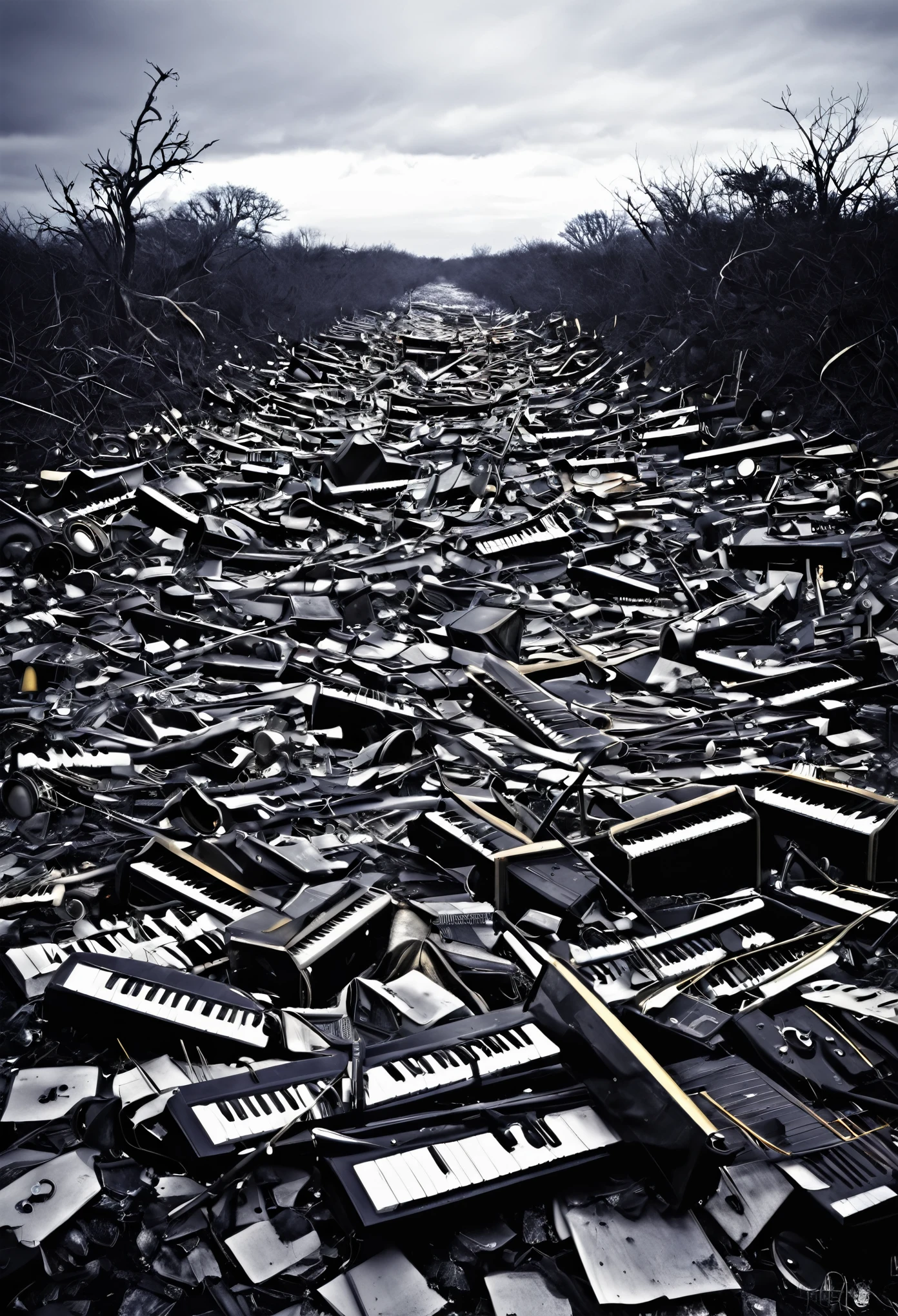 A desolate landscape strewn with broken instruments, as if a cacophony of destruction swept through, leaving only remnants of music behind.