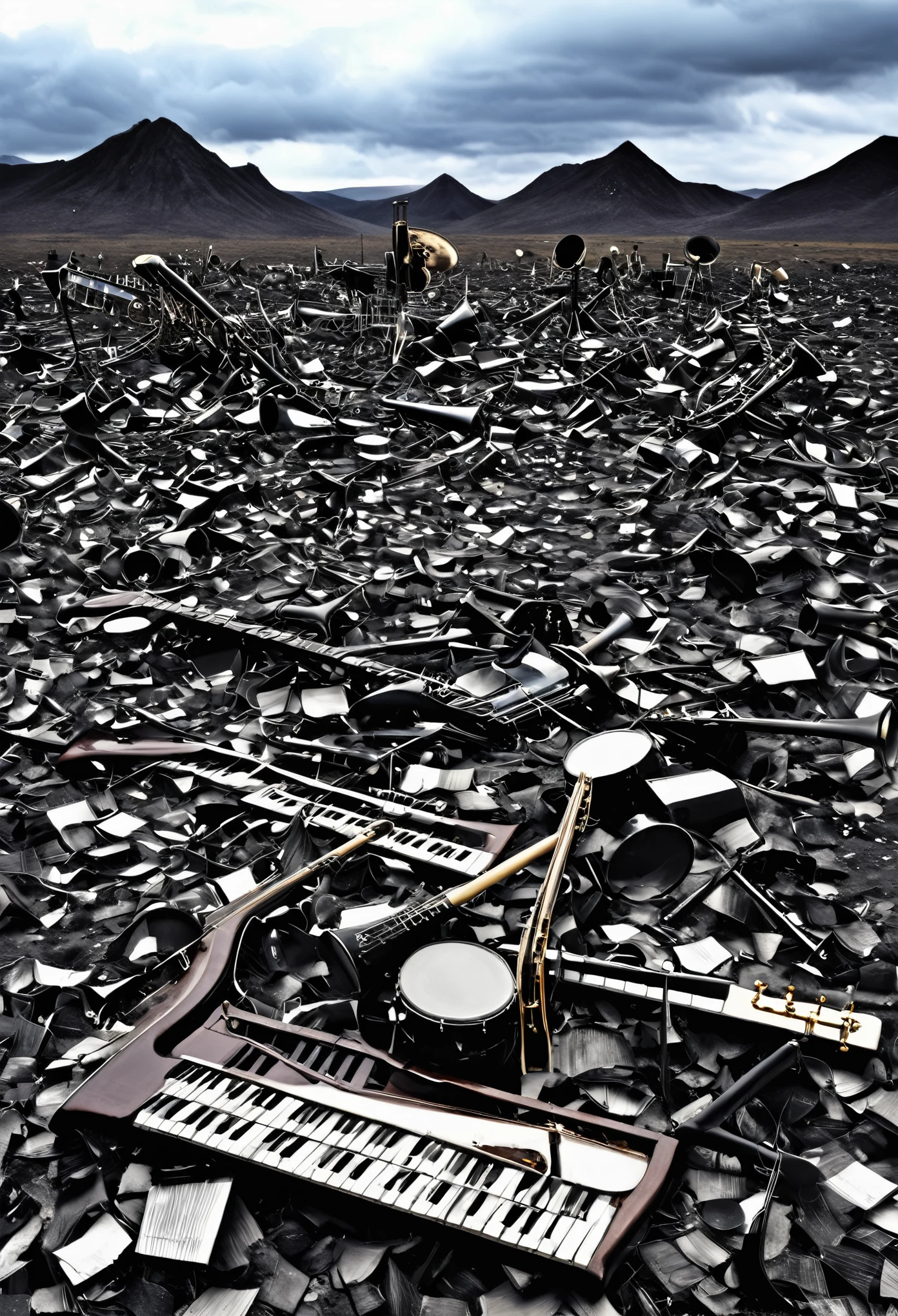A desolate landscape strewn with broken instruments, as if a cacophony of destruction swept through, leaving only remnants of music behind.