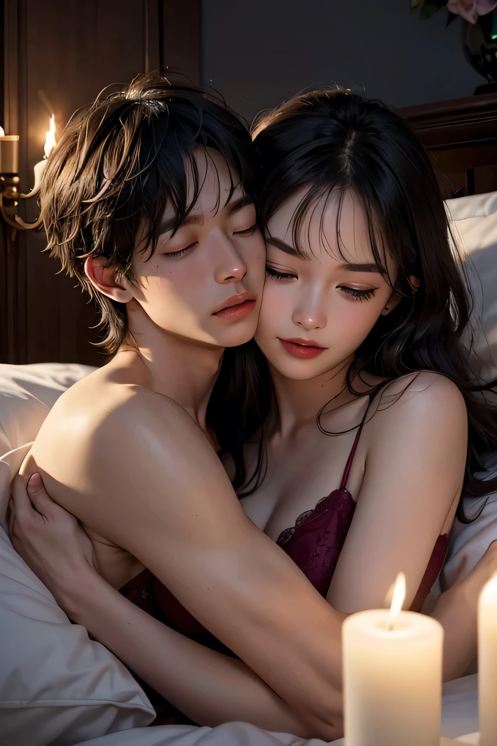 Amazing portrait of a young boy and woman passionately making out and kissing each other's lips touching and hugging tight and both are blushing intensely with their eyes closed in bed during night time and candles are lit