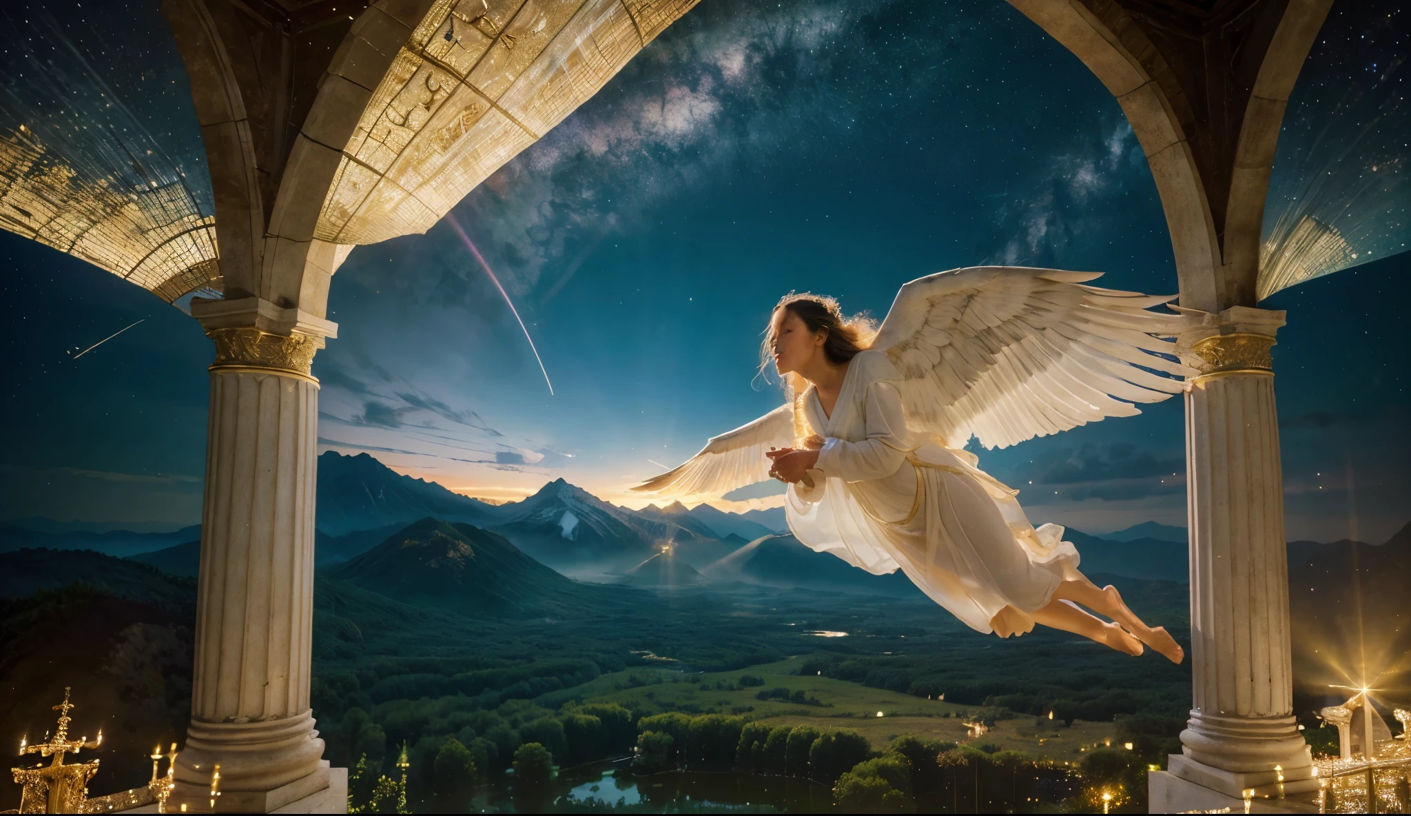 best quality,4k,8k,highres,masterpiece:1.2),ultra-detailed,(realistic,photorealistic,photo-realistic:1.37),impressionist ,portrait,holy,glowing light,ethereal atmosphere,divine presence,wings,angelic beings,heavenly beings,majestic figures,flowing robes,serene expressions,golden halos,saints,harp,messenger of God,religious,spiritual,beauty,divinity,peaceful landscape,surreal elements,healing power,uplifting,tranquility,celestial,harmony,divine light,sacred place,illumination,hopeful,colossal,otherworldly ambiance,miraculous,luminous,dreamlike,colorful,soft brushstrokes,vibrant colors,enchanting scenery,warm undertones,serenity,seraphim,cherubim,heavenly music