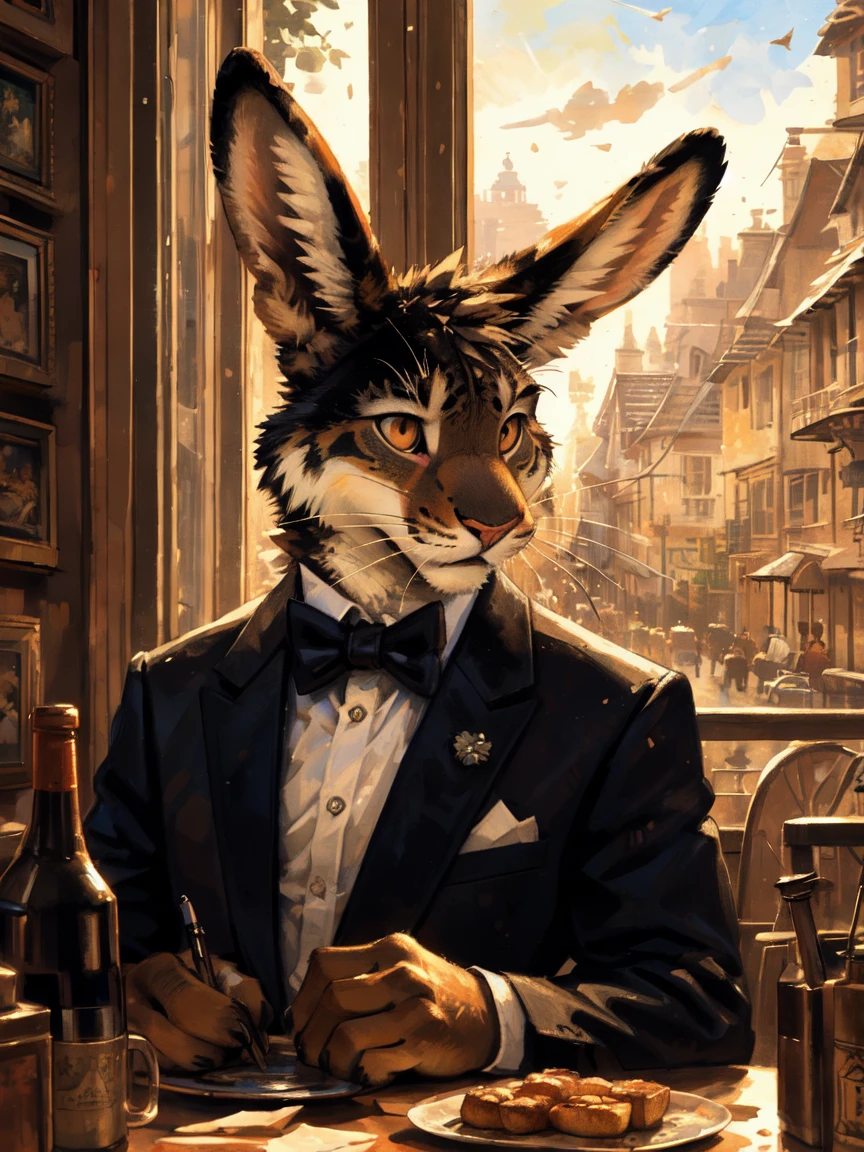 Hare, anthro, in tuxedo, by Kenket, (Sharp focus, masterpiece, 8k, intricate artwork, hyper detailed, high detail)