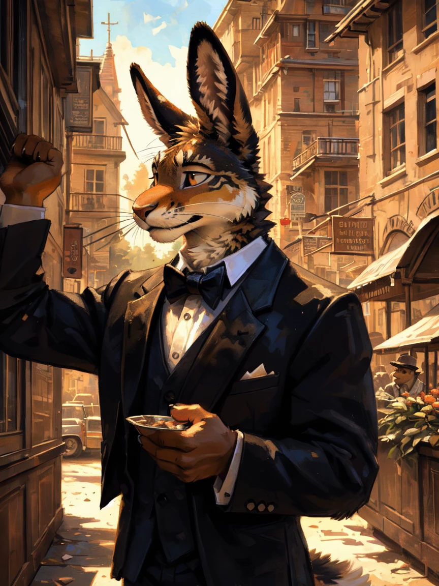 Hare, anthro, in tuxedo, by Kenket, (Sharp focus, masterpiece, 8k, intricate artwork, hyper detailed, high detail)