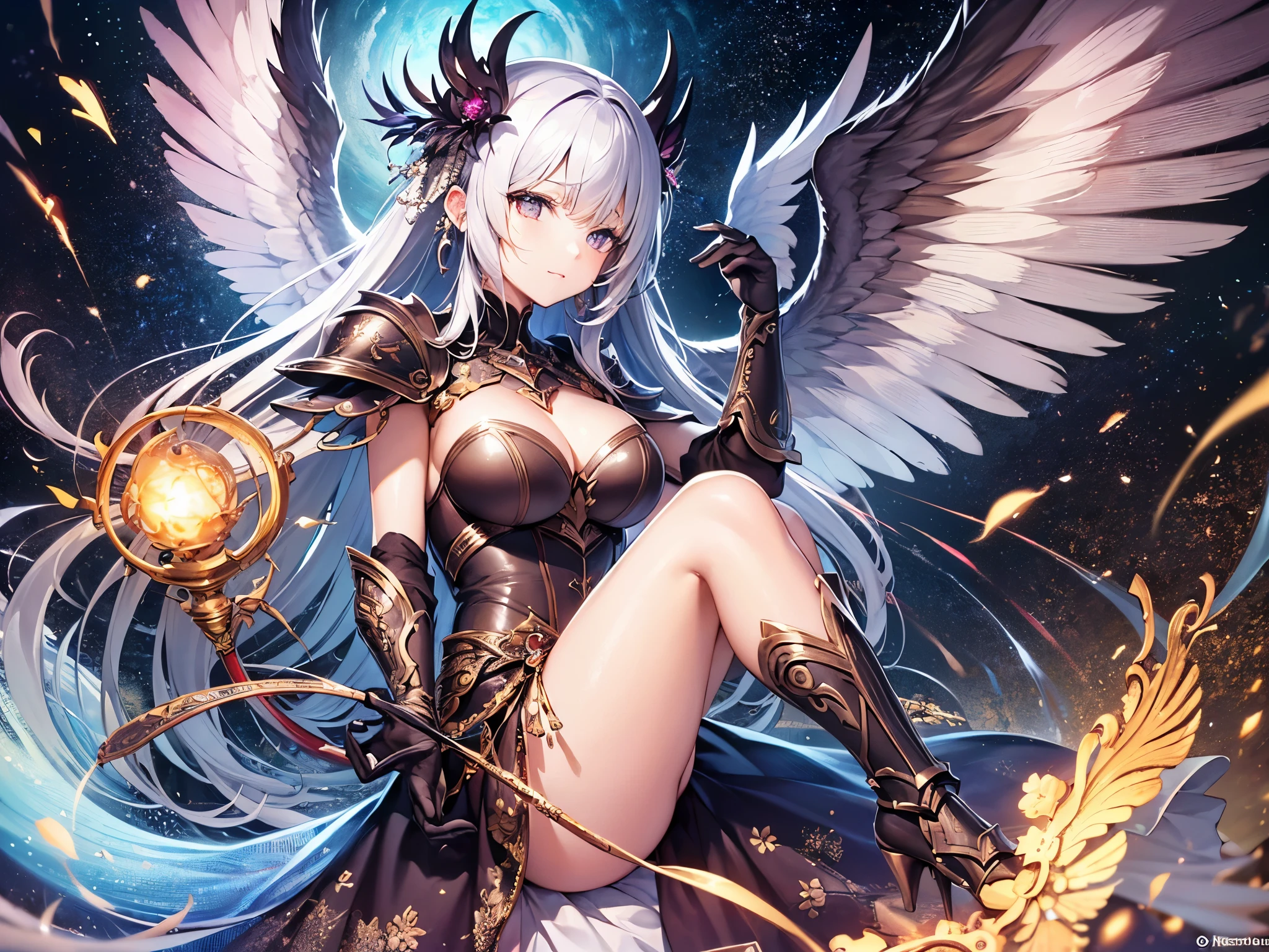 ((highest quality)),(Ultra-high resolution),(Very detailed),(Detailed Description),((The best CG)),(A masterpiece),Ultra-detailed art,Amazing drawing art,(Art with exquisite detail:1.5), (A woman in glittering armor:1.4),Dynamic Pose:1.5, Milky Way, wing