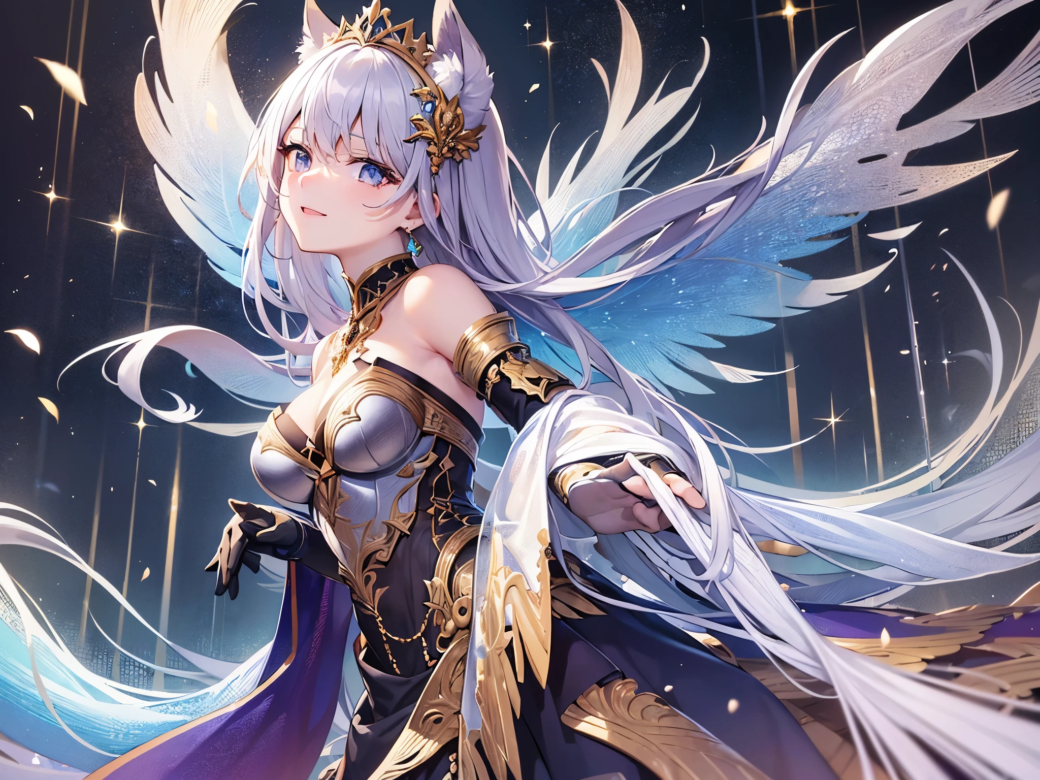 ((highest quality)),(Ultra-high resolution),(Very detailed),(Detailed Description),((The best CG)),(A masterpiece),Ultra-detailed art,Amazing drawing art,(Art with exquisite detail:1.5), (A woman in glittering armor:1.4),Dynamic Pose:1.5, Milky Way, wing