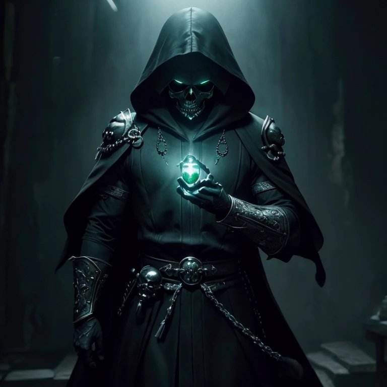 (master piece:1.5), (best quality:1.5), (exquisite lighting and shadow, highly dramatic picture, cinematic lens effect) (Photorealistic picture) (Card game image) 8k, wallpaper, dynamic pose, a skull necromancer, black hooded tunic with green ornaments, highly detailed, realistic, cinematic lighting, studio quality
