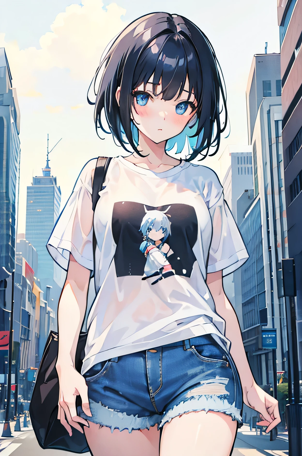 1girl, anime, plain white t shirt, short black hair, shining bright blue eyes, denim shorts, NYC, absurdres, high res, ultrasharp, 8k, masterpiece, looking at viewer, innocent, blush