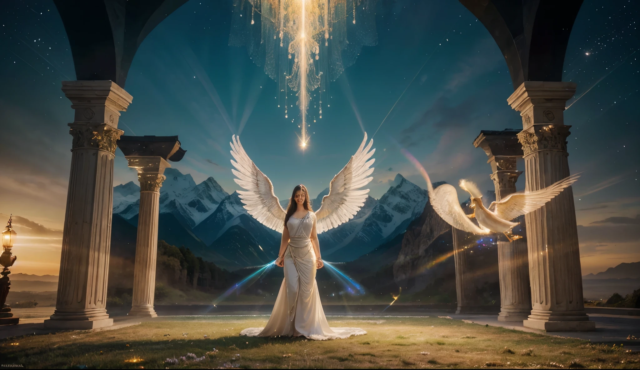 best quality,4k,8k,highres,masterpiece:1.2),ultra-detailed,(realistic,photorealistic,photo-realistic:1.37),impressionist ,portrait,holy,glowing light,ethereal atmosphere,divine presence,wings,angelic beings,heavenly beings,majestic figures,flowing robes,serene expressions,golden halos,saints,harp,messenger of God,religious,spiritual,beauty,divinity,peaceful landscape,surreal elements,healing power,uplifting,tranquility,celestial,harmony,divine light,sacred place,illumination,hopeful,colossal,otherworldly ambiance,miraculous,luminous,dreamlike,colorful,soft brushstrokes,vibrant colors,enchanting scenery,warm undertones,serenity,seraphim,cherubim,heavenly music