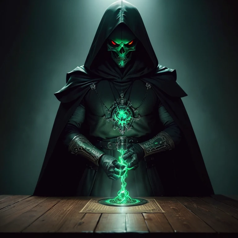 (master piece:1.5), (best quality:1.5), (exquisite lighting and shadow, highly dramatic picture, cinematic lens effect) (Photorealistic picture) (Card game image) 8k, wallpaper, dynamic pose, a red eyes skull necromancer, black hooded tunic with green ornaments, green magic, green energy, highly detailed, realistic, cinematic lighting, studio quality
