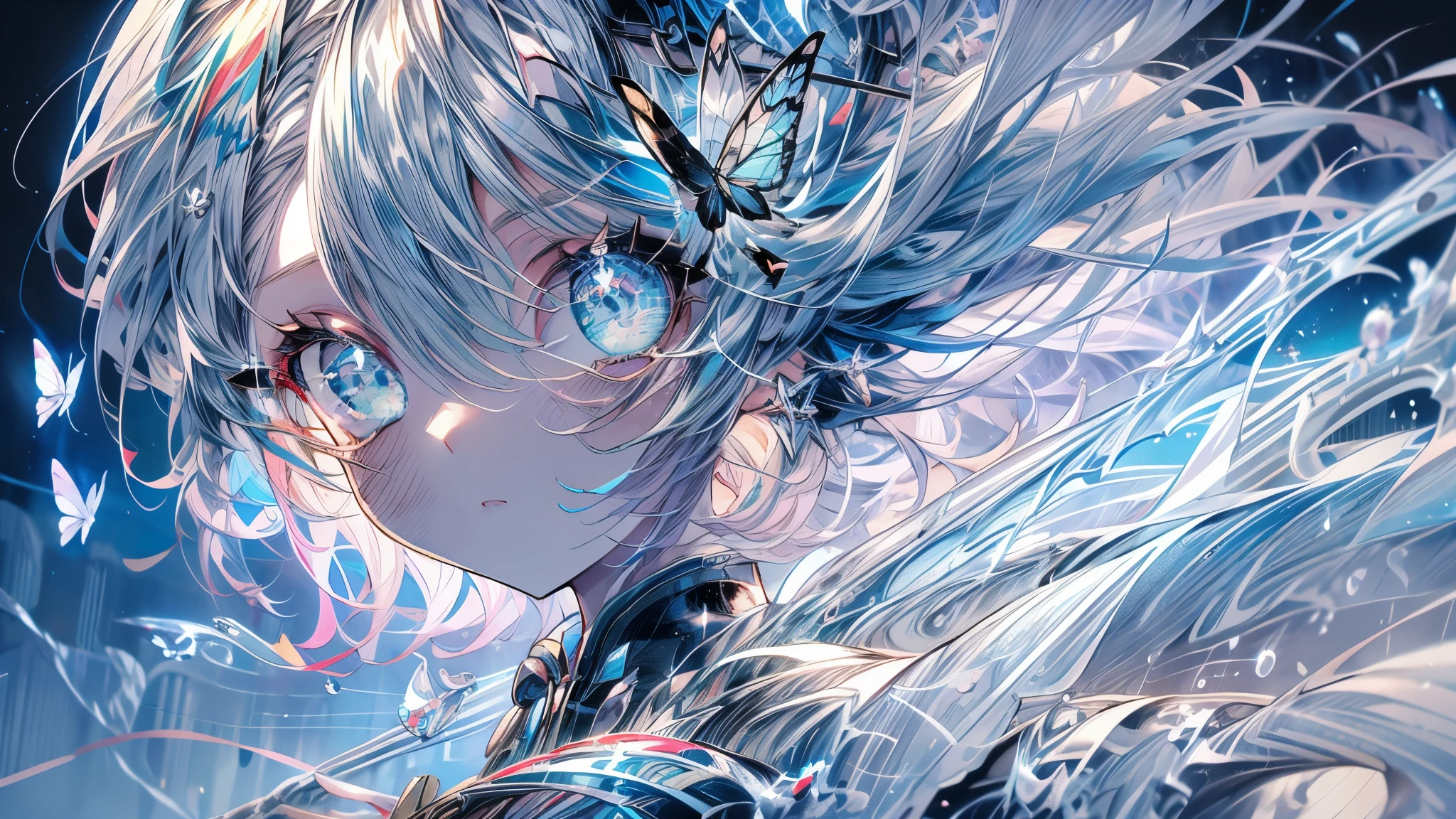 One girl、lightblue hair、Medium Hair、cute little、black backgrounds、Uniforms、masterpiece、Top image quality、top-quality、blue eyess、glitters、Beautiful fece、natta、Light butterfly、Shines beautifully、