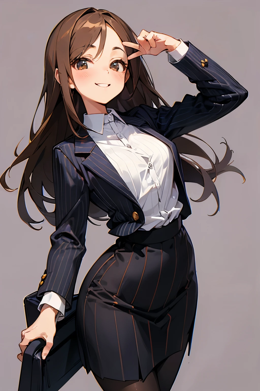 Cute girl alone, sweet smile, businesswoman, tight pinstripe skirt, tights, button up blouse, brown straight hair, neat,