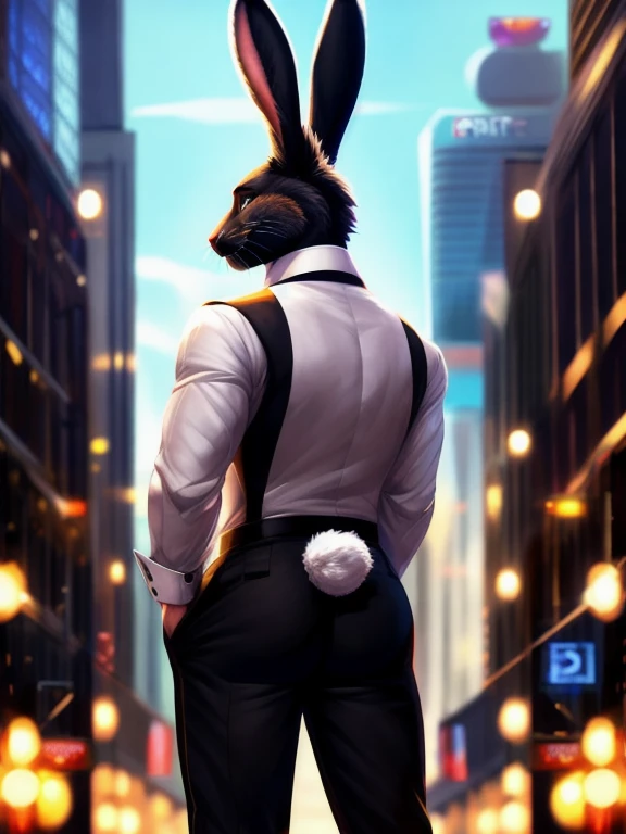 Hare, anthro, in tuxedo, black pants, back, from back, posing, tail, short tail, hare tail, ????? tail, by mystikfox61, (Sharp focus, masterpiece, 8k, intricate artwork, hyper detailed, high detail)
