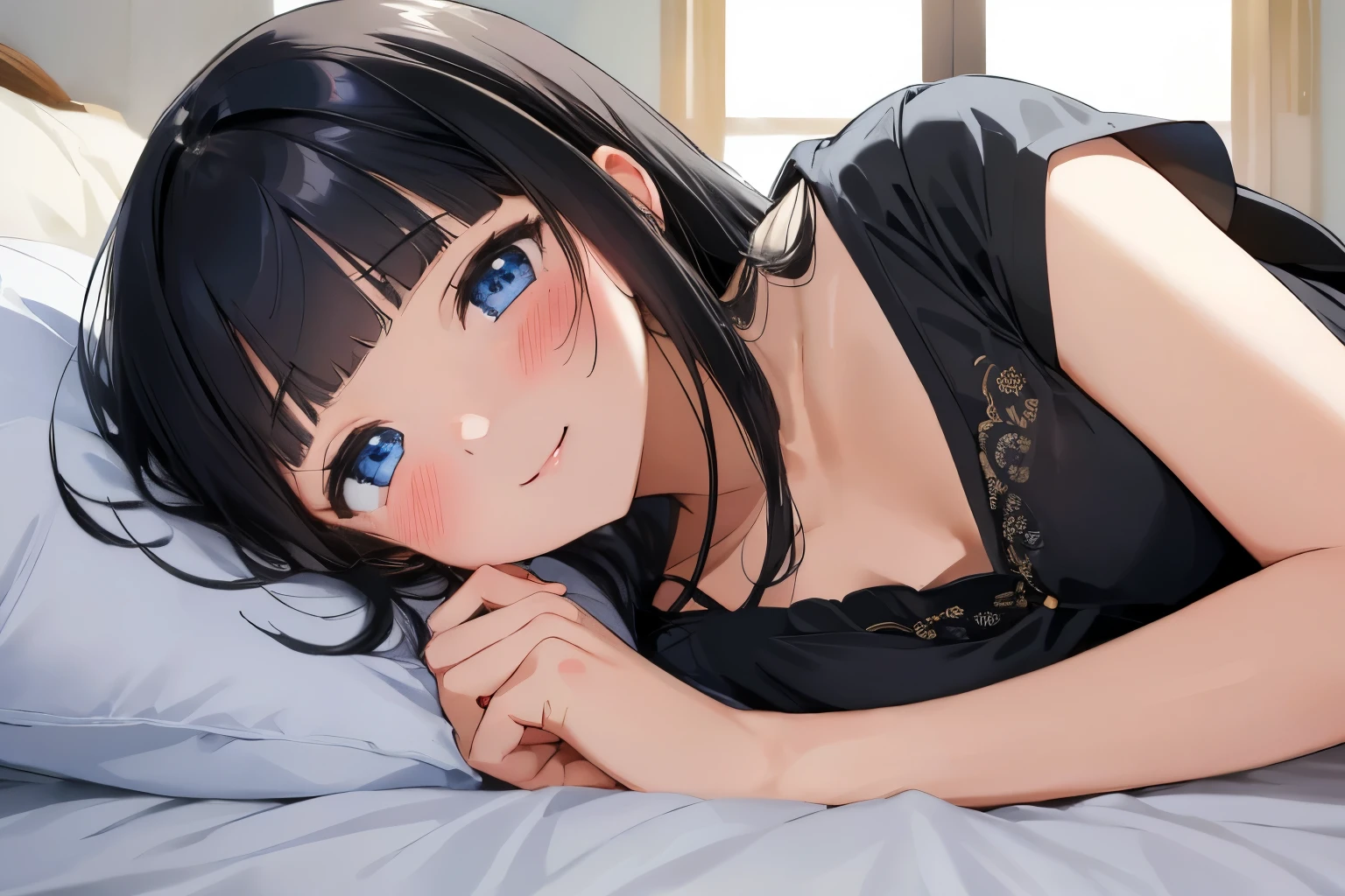 Masterpiece、highest quality、1 female、Super detailed Black Hair、Blunt Bangs Blue Eyes、Detailed depiction of the eyes Smiling、blush camisole Face is close、Facial Close-up、Bring your face closer Sheetsに寝転がる、Lying on your side Sheets