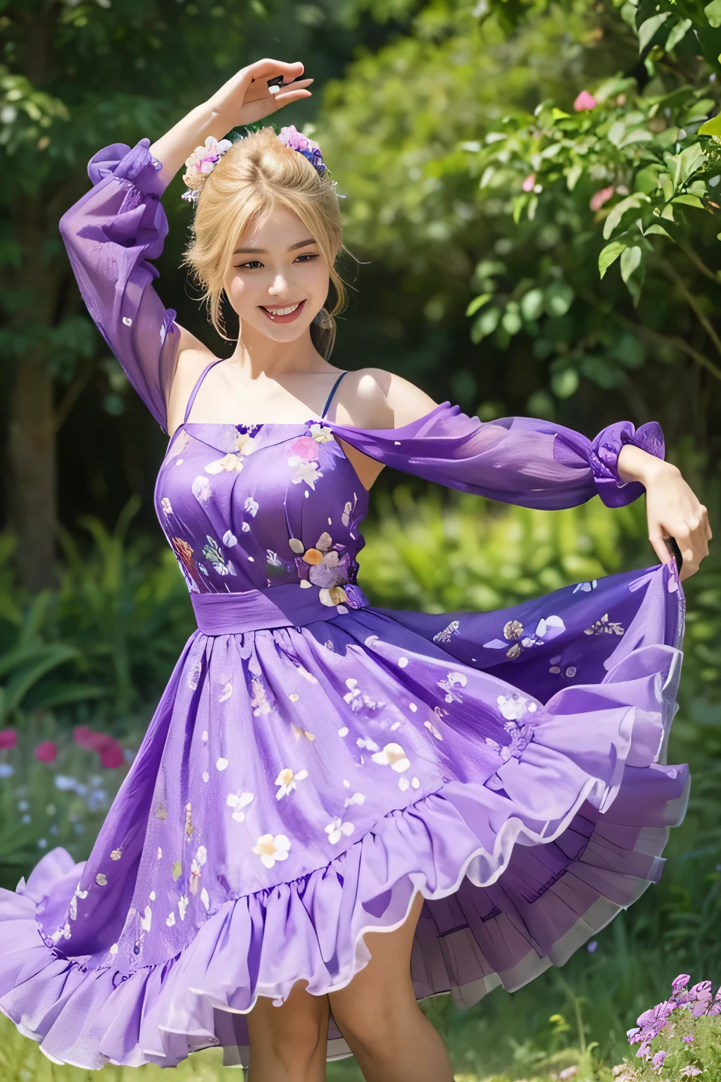 woman, purple dress with flowers, nature, plants in the background, blonde, dancing, cheerful, happy