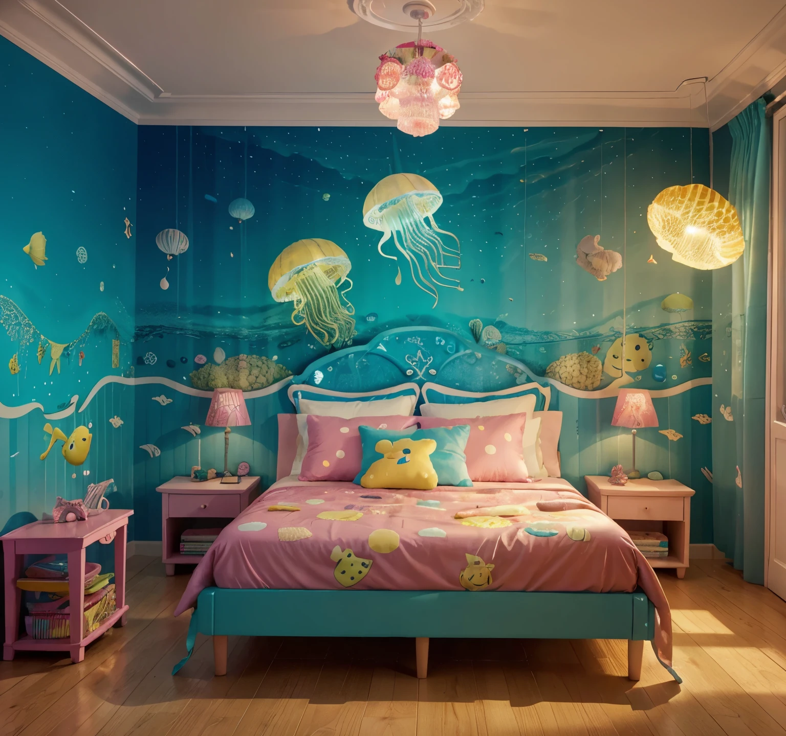 SpongeBob-themed bedroom,best quality,highres,ultra-detailed,physically-based rendering,vivid colors,square-shaped bed,pineapple-shaped windows,underwater-themed wallpaper,Patrick Star-shaped pillows,Seafood-patterned curtains,3D-rendered SpongeBob artwork,hanging jellyfish decorations,tropical fish tank,lifelike SpongeBob figurines,sandy floor texture,glowing jellyfish-shaped nightlight,salty sea breeze lighting.