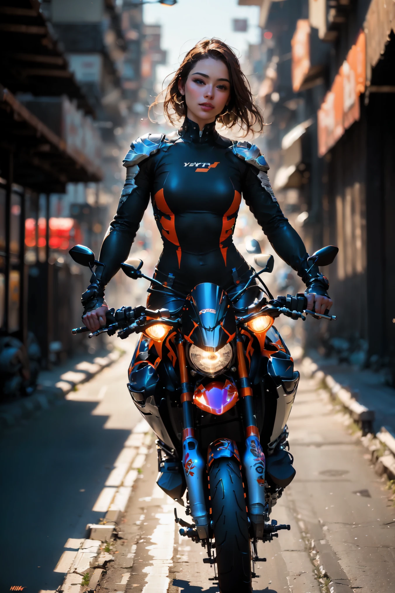 Street, motorcycle, full body shot, wharf scene, a beautiful young cyborg woman riding a KTM 450 motocross motorcycle, glamorous shape, shoulder-length, beautiful shiny smooth, light brown hair, (Best quality, 4K, 8k, A high resolution, masterpiece:1.2), absurdity, masterpiece, ultra detailed, (realistic, photorealistic, photorealistic:1.37), complex parts, HDR, (complex parts:1.12), (hyper detailed, hyper realistic, Soft lighting, spicy:1.2), beautiful figure, Magnificent Anatomy, (complex part, Hyper detailed:1.15), Smooth skin,
