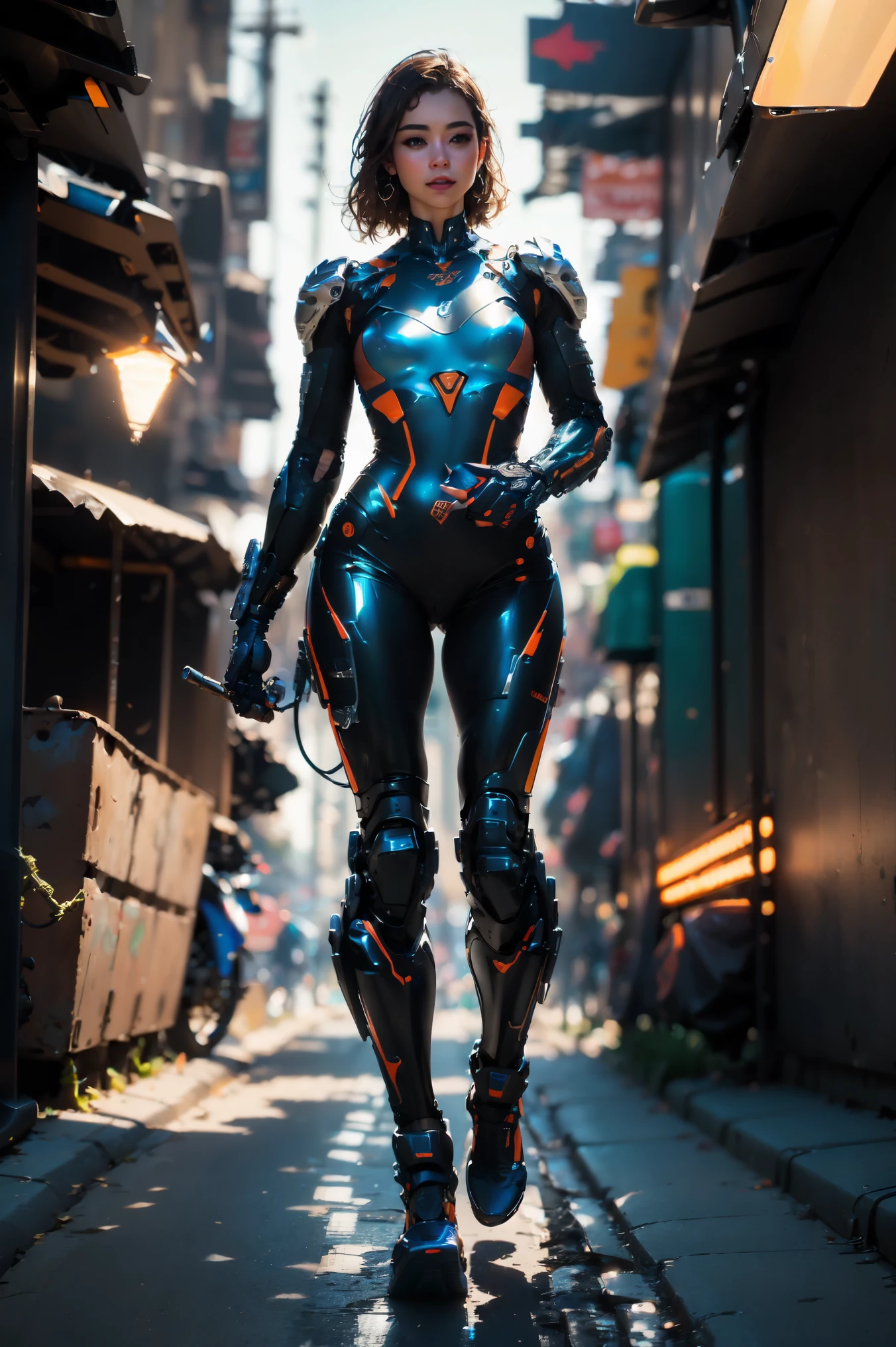 Street, motorcycle, full body shot, wharf scene, a beautiful young cyborg woman riding a KTM 450 motocross motorcycle, glamorous shape, shoulder-length, beautiful shiny smooth, light brown hair, (Best quality, 4K, 8k, A high resolution, masterpiece:1.2), absurdity, masterpiece, ultra detailed, (realistic, photorealistic, photorealistic:1.37), complex parts, HDR, (complex parts:1.12), (hyper detailed, hyper realistic, Soft lighting, spicy:1.2), beautiful figure, Magnificent Anatomy, (complex part, Hyper detailed:1.15), Smooth skin,