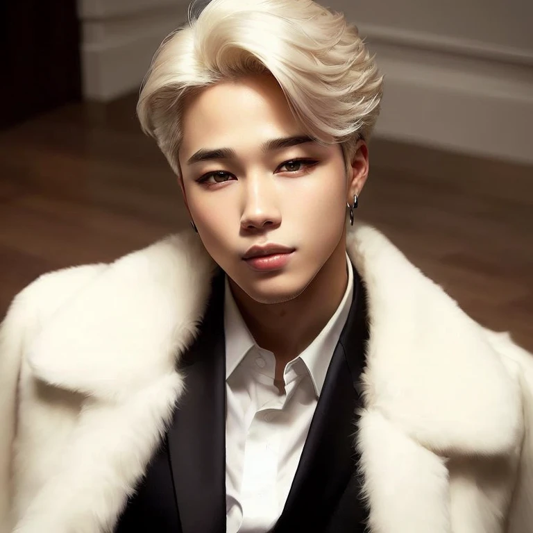 araffed male in a white fur coat and black shirt, jimin\'s plump lips, park jimin, jimin, accurate jimin face, jimin\'s grecian nose, jimin\'s right eyelid swollen, portrait of kpop idol, beautiful androgynous prince, Park Jimin of bts, Jimin of bts, Park Jimin, delicate androgynous prince, cute face, soft face, baby face