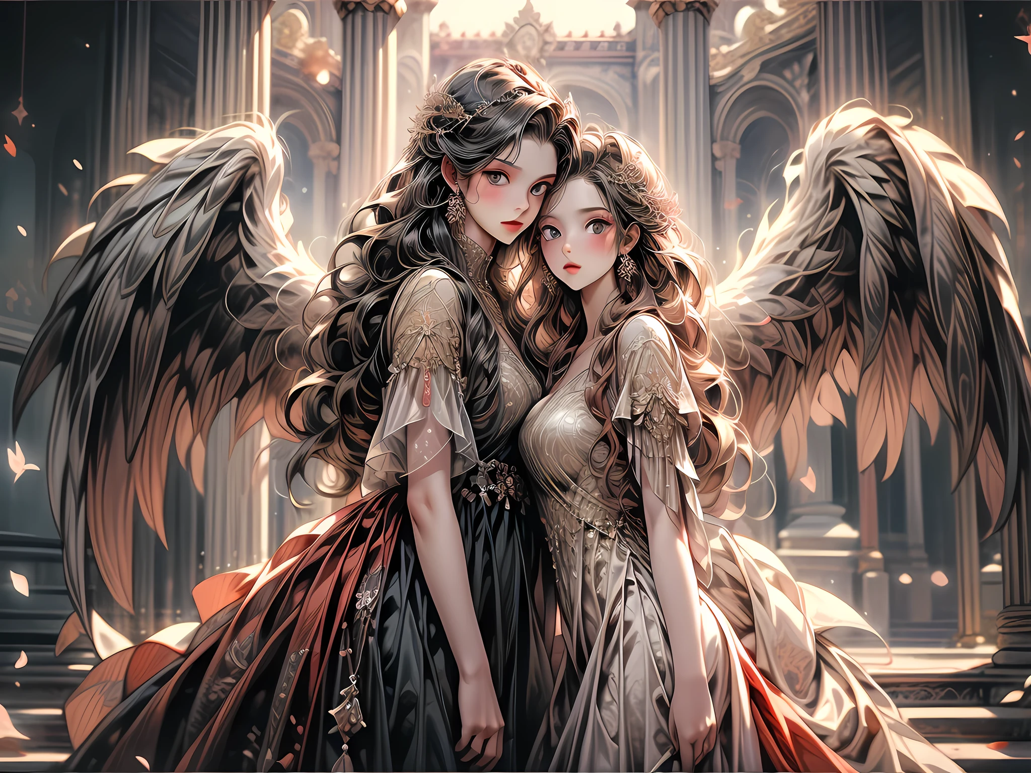 fantasy art, RPG art [[a picture of 2 women]], , a female angel (Masterpiece, 1.3, intricate details), wearing dress, pale skin, best details beautiful face (Masterpiece, 1.3, intricate details), blond hair, long hair wavy hair (Masterpiece, 1.3, intricate details), blue eyes, high heeled boots, wearing a dress (Masterpiece: 1.3, intricate details), large angelic wings, white angel_wings spread [AND] a female demon (Masterpiece, 1.3, intricate details), demon, red skin (Masterpiece, 1.3, intricate details), demon_wings, black demonic wings spread, demonic horns (Masterpiece, 1.3), red skin (Masterpiece, 1.3), black hair, red eyes, best details beautiful face (Masterpiece, 1.3, intricate details), wearing a dress (Masterpiece: 1.3, intricate details), high heels, in the border between heaven and hell, moon, stars, clouds, god rays, soft natural light silhouette, dynamic angle, photorealism, panoramic view (Masterpiece 1.3, intense details) , Wide-Angle, Ultra-Wide