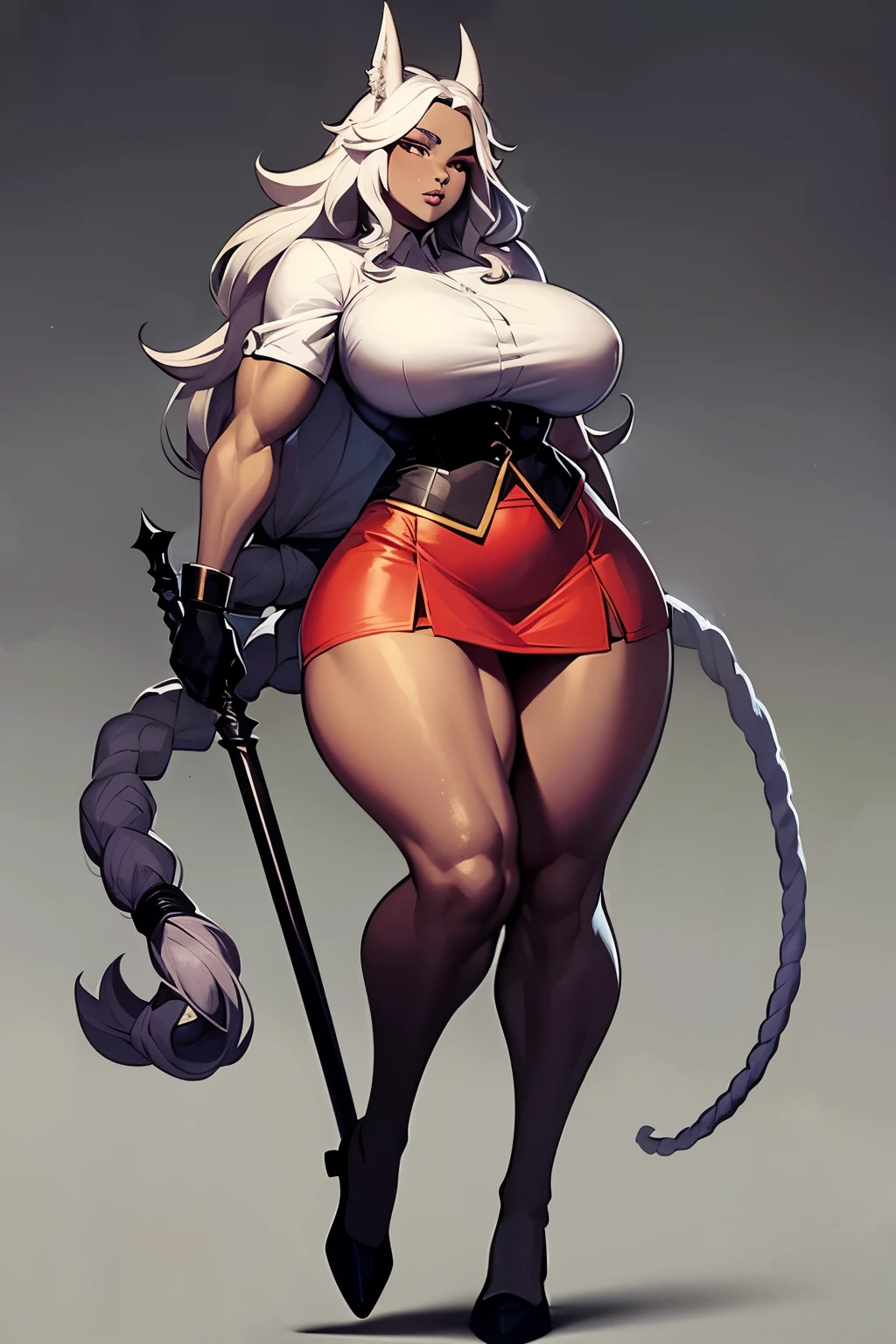 Concept art of spider fantasy woman, she has fat hips, incredible design , many clothes and have weapon, slim waist, fat hips and breasts, FINAL FANTASY WOMAN INSPIRATION, all body shown, in full growth, whole character standing, blue grey dark skin, white hair, ULTRA HYPER BIG HIPS, all body shown, full growth, entire body, very muscular woman, her feet are very small, SHE IS THE SPIDER INSECT, 8 black eye's, long tail, secretary clothes, very muscular legs, 4 hands, many different poses of her sitting, back view, many versions, big avatar body, GREY SKIN TONE, incredibly tall and big, white curly hair, vieny legs, black rope around her, white shirt, many poses, red skirt