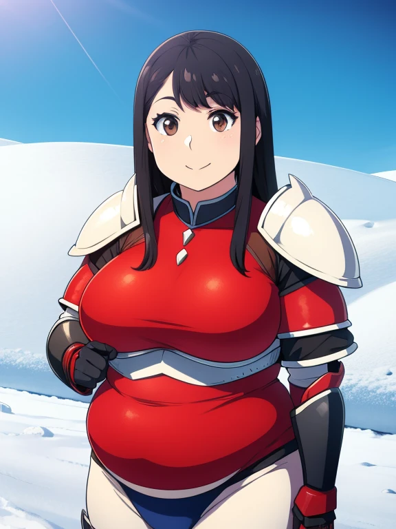 Plump black hair brown eyes longer year 21 big breasts chubby longer hair armor snow happy smile