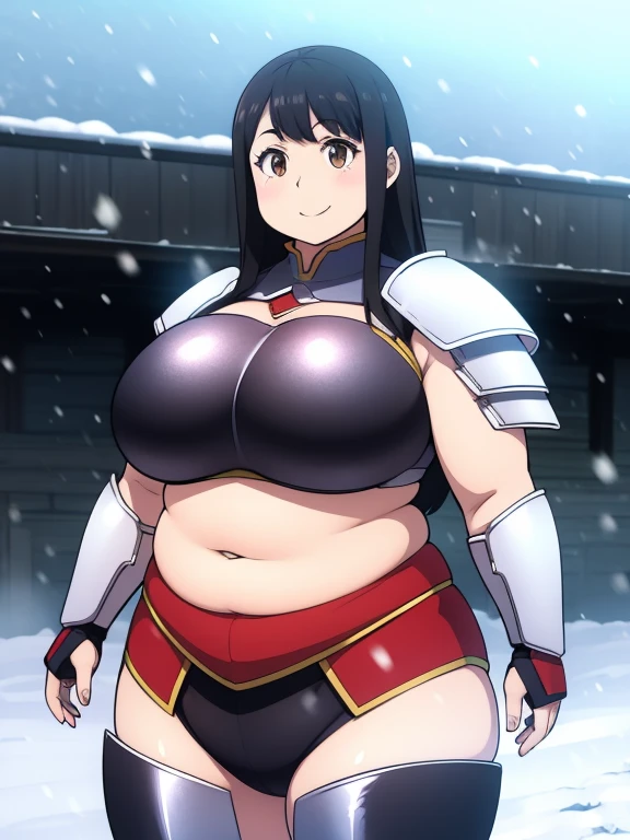 Plump black hair brown eyes longer year 21 big breasts chubby longer hair armor snow happy smile 