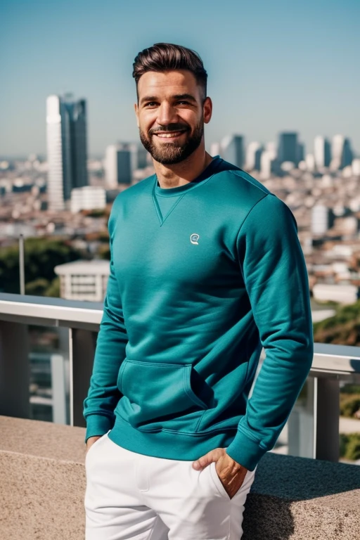 homem, entre 25 e 30 anos,, blue sweatshirt, city in the background, cabelos castanhos, barba por fazer, olhos claros, nariz fino, boca bem desenhada, camisa verde escuro, smile,photo