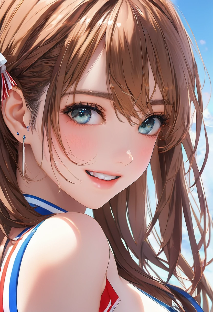 (8k, (((nsfw, ecchi))), Highest quality: 1.2), Extremely detailed, highest resolution quality, (realistic, realistic photo), Portrait, high definition RAW color photograph, professionally arrested, high definition and beautiful, high definition, 8ก Image wallpaper, Amazing details, Big file size, highly detailed beautiful girl, Extremely detailed face, (Finely defined super beautiful eyes:1.8), The nose has a precise shape., expressive lips,(sunset,classroom background:1.2) , one story, cute girl, realistic、                                                                                 (Cinematic scene,Fantasy Art,Best Quality,High quality,High Definition,high quality texture,high detailing,Beautiful detailed,fine detailed,extremely details CG,Detailed texture,realistic representation of face,masutepiece,presence,Dynamic,Bold),1gir,Ultra detailed skin,Curve,(coverd nipple:0.8),Beautiful breasts,(flat chest:1.5),pale skin,pointed breast,Erect nipples,(Ultra Thin hair),(Ultra Soft hair),(ultra straight hair),Swept long bangs,very light coppery amber hair,Hair over one eye,very skinny body,smart abs,( Cheerleader uniform:1.5),(smile:1.3),