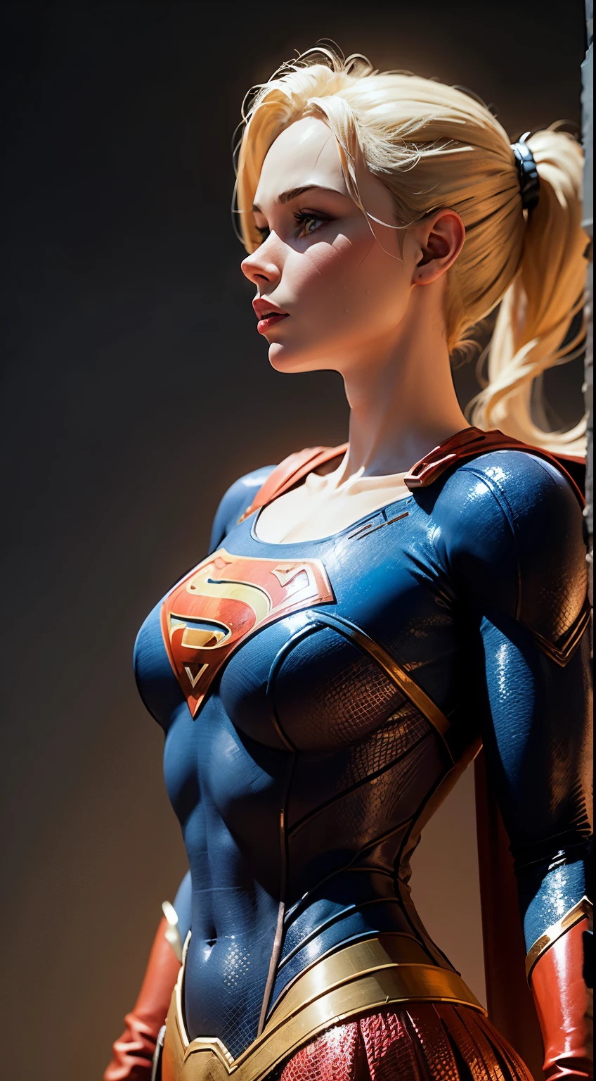 Complex, ultra-detailed 3D rendering of a beautiful profile of Supergirl&#39;s porcelain android face, ciborgue, robotic parts, 150mm, beautiful soft studio light, luz de aro, detalhes vibrantes, ciberpunk luxuoso, renda, hyper-realista, anatomical, facial muscles, Electric cables, microchip, elegante, fundo bonito, octane rendering, Estilo HR Giger, 8k, melhor qualidade, Supergirl obra de arte,  illustration, extremamente delicado e lindo, loira com cabelos longos, extremamente detalhado, CG, unidade, papel de parede, (realista, photorealista: 1.37), Incredible, finamente detalhado, obra de arte, melhor qualidade, Arte Oficial, 8k unidade papel de parede CG extremamente detalhado, absurdo, Incrivelmente absurdoo, robot, capacete prateado, corpo todo, sentado, Superman S symbol on chest, in action.